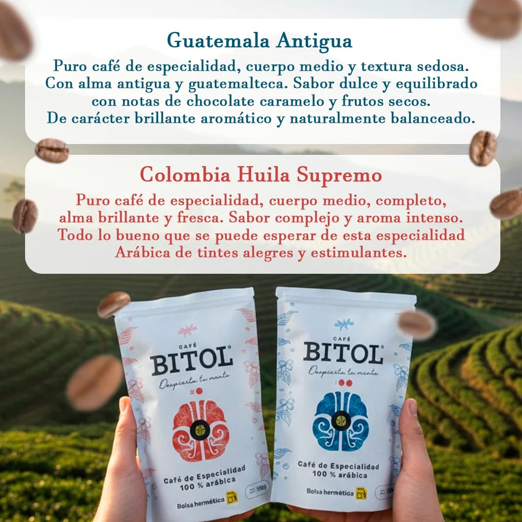 BITOL COFFEE | Café de Especialidad en Grano Natural | 100% Arábica Origen Único Colombia Huila Supremo y Guatemala Antigua | Tueste Medio Gourmet | Notas de Chocolate y Frutos Secos | 1000 gr