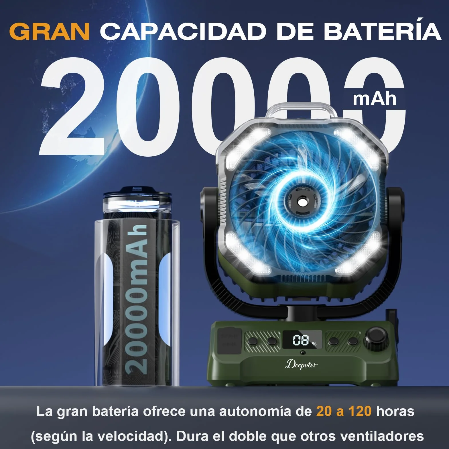 Ventilador Camping Portátil con Nebulizador y Luz LED, batería recargable, Temporizador, Rotación 270°, Gancho Colgante, Verde