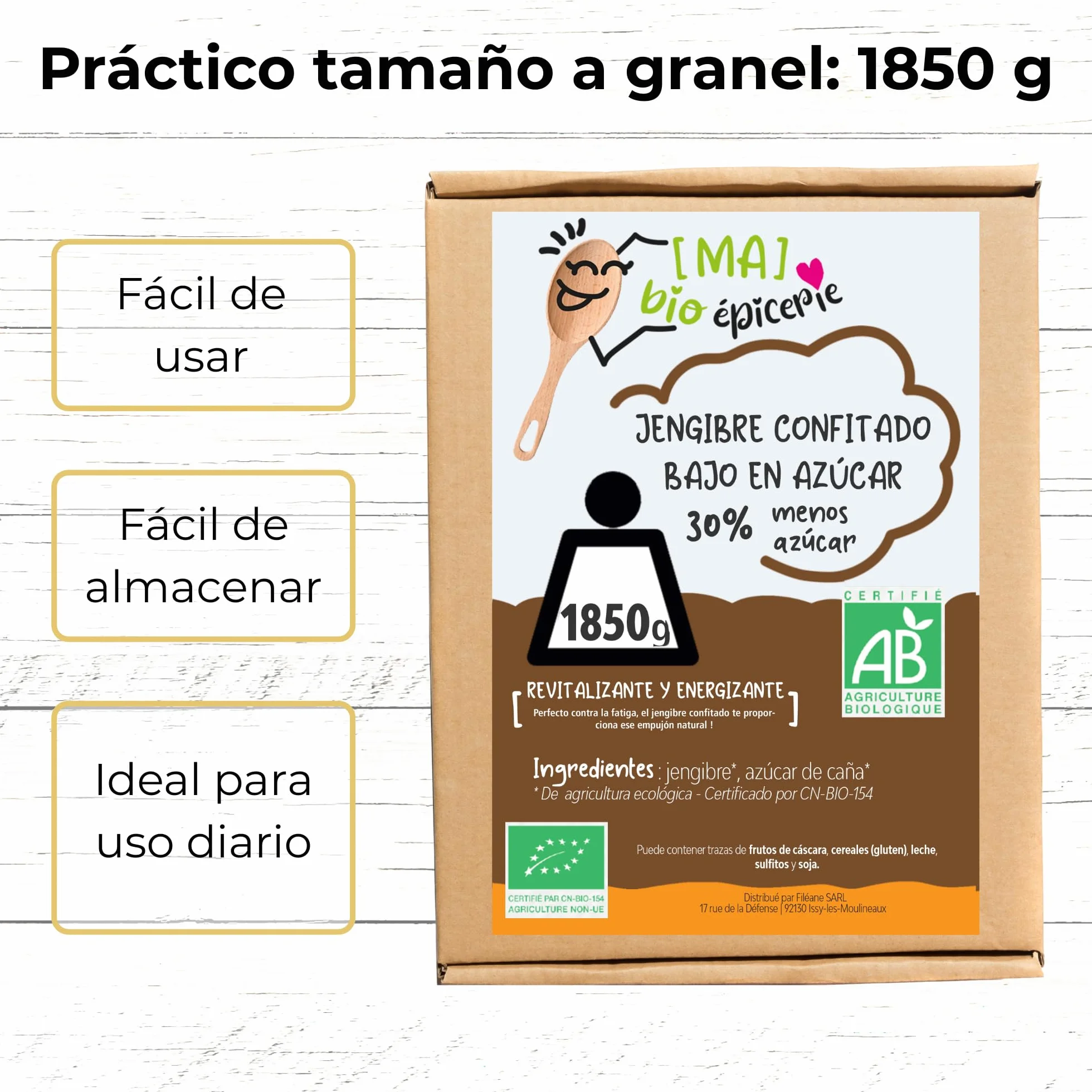 MA bio-épicerie - Jengibre Confitado Ecológico Reducido en Azúcar -30% en Cubitos 1850 g - Jengibre Deshidratado a Granel sin Conservantes - Alternativa Más Ligera