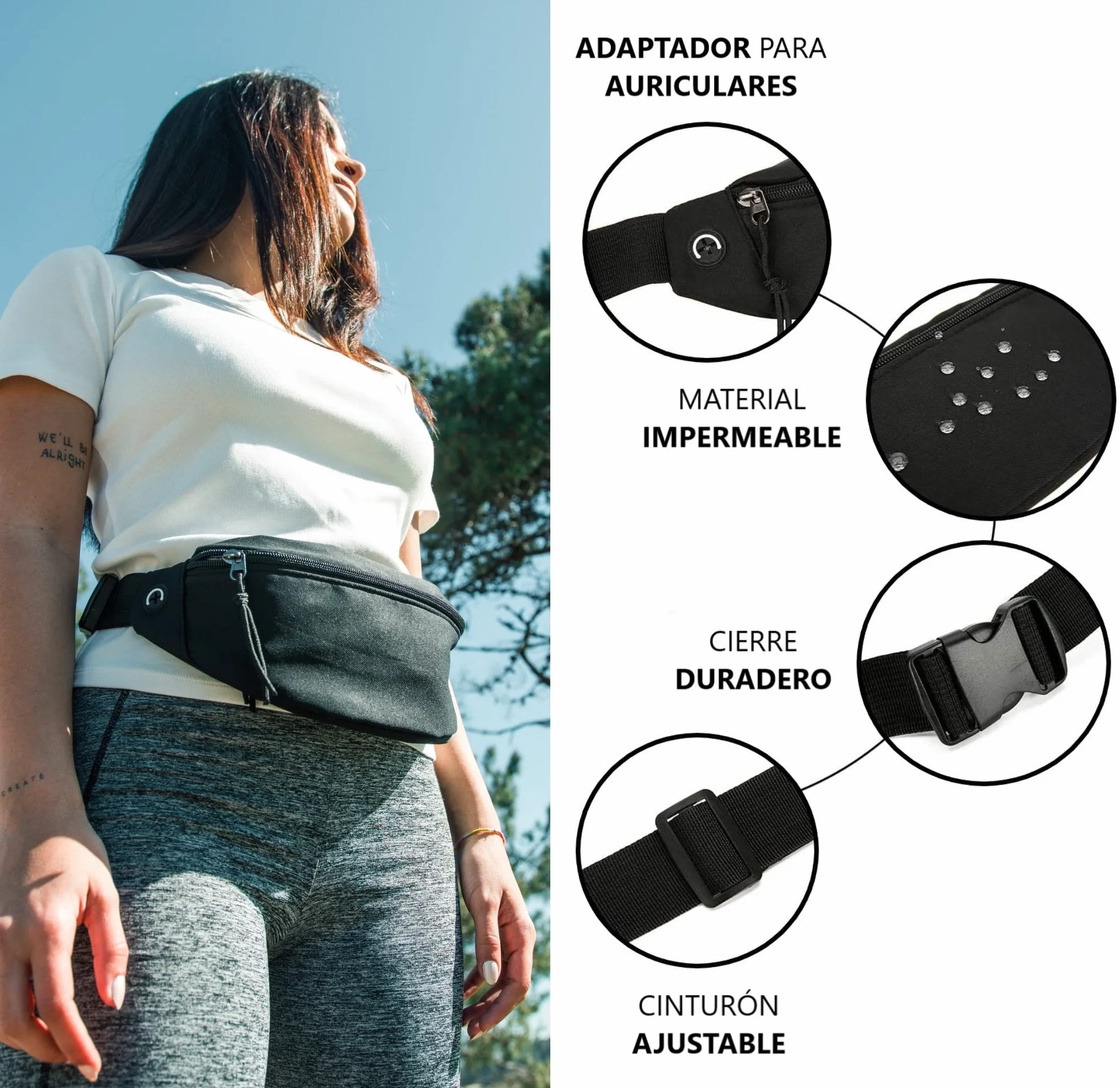 Riñonera Deportiva con Cinturón Ajustable para Entrenamiento al Aire Libre, Senderismo, Viaje (Negro)