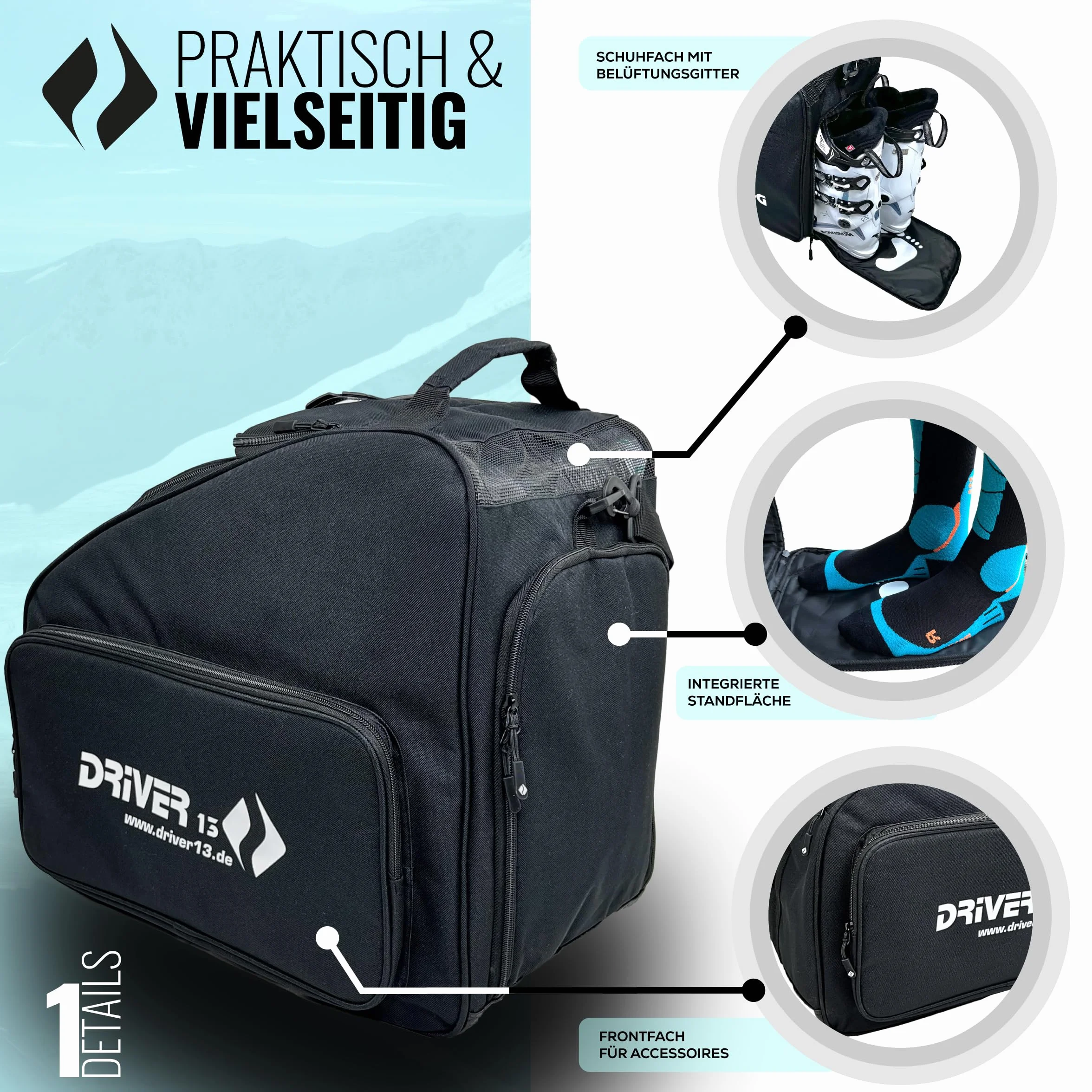 Driver13 Bolsa para Botas de esquí con Compartimento para Casco, Negro