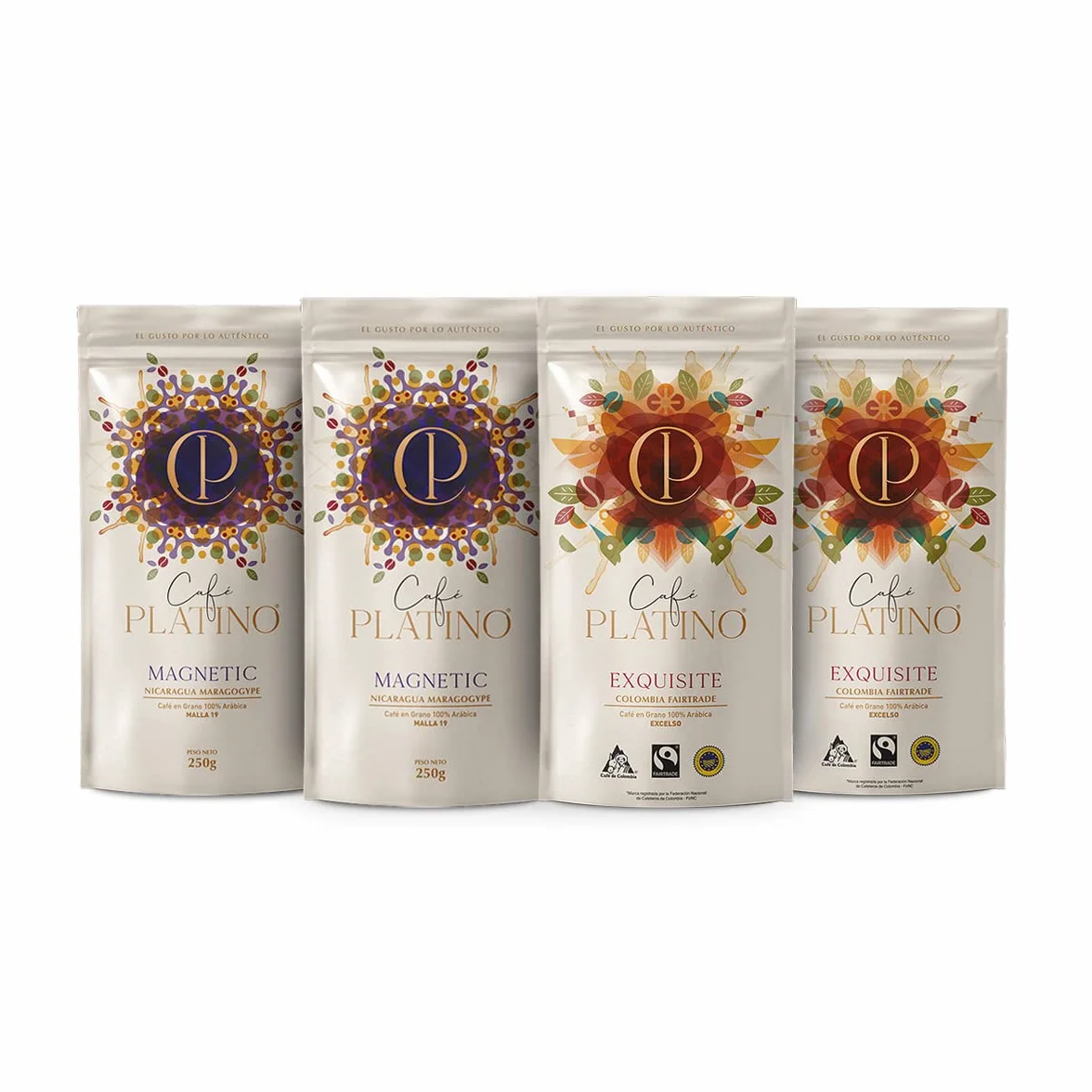 Café Platino - Pack Surtido Cafés de América 4 x 250g - Café en Grano Natural de Colombia Fairtrade y Nicaragua Maragogype - 100% Arábica