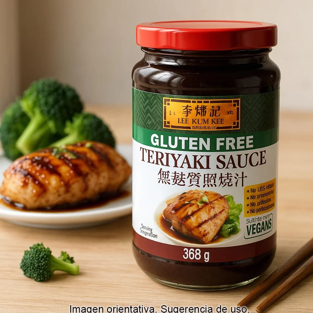 Salsa Teriyaki sin gluten 368 g en frasco de vidrio, ideal para marinar, glasear y saltear carnes, pescado, tofu y verduras, sabor japonés dulce-salado