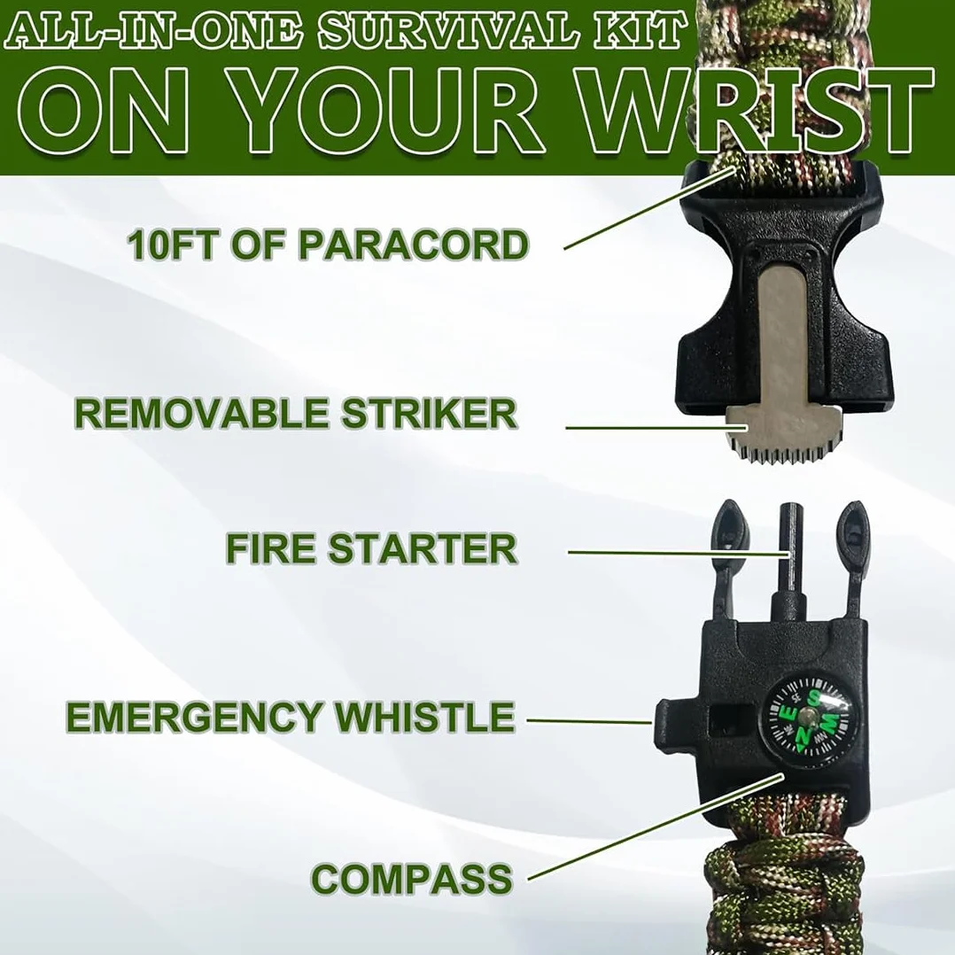 Brazalete Paracord Kit Supervivencia 2PCS Pulsera Paracord Iniciador Fuego Cuchillo Silbato Camuflaje