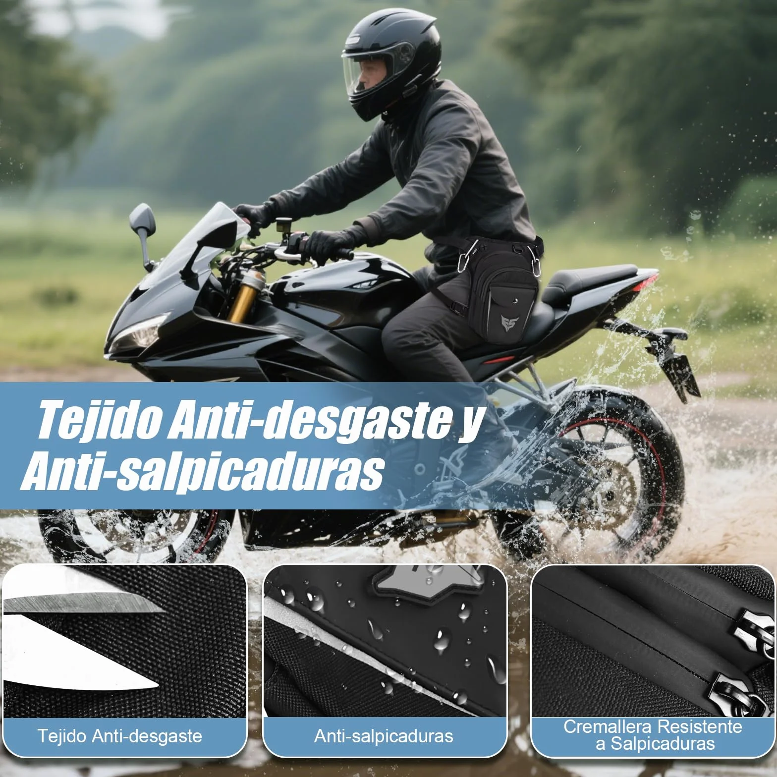 Eshow Pernera Moto Ampliable con Portabotella y Tira Reflectante para Ciclismo Montañismo Senderismo Negro
