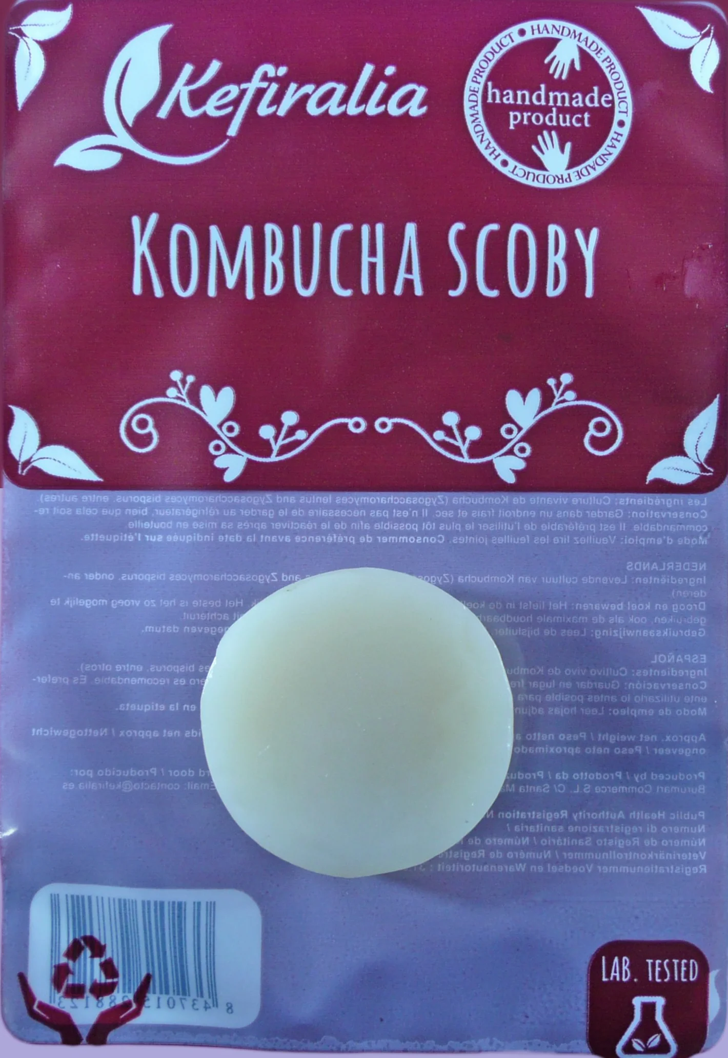 Disco SCOBY Kombucha Fresco KEFIRALIA® Instrucciones Recetas Ayuda
