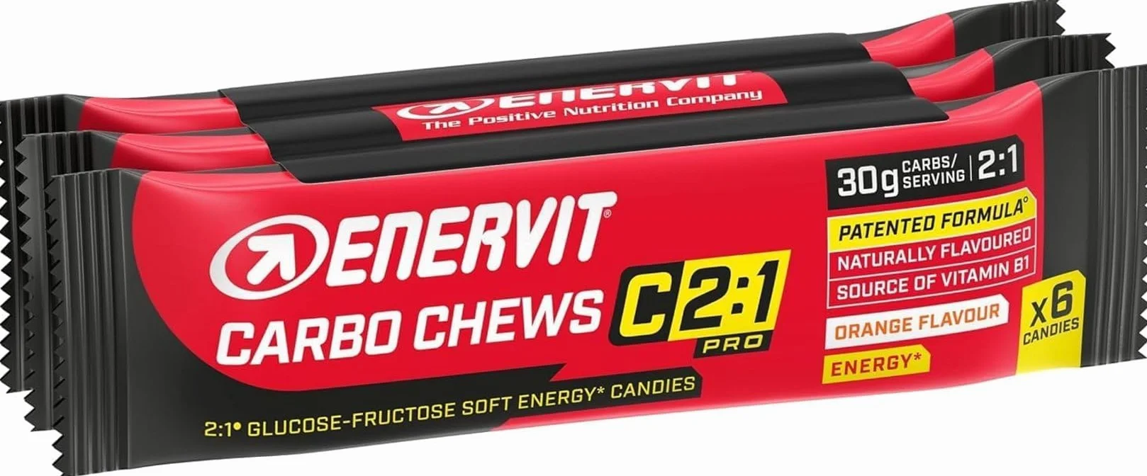 Enervit Carbo Chews C2:1PRO, Gominolas con Maltodextrinas y 30g de Carbohidratos, Para Actividades de Larga Duración y Alta Intensidad, Sin Gluten, Sabor Naranja, 3 Packs de 6 Gominolas