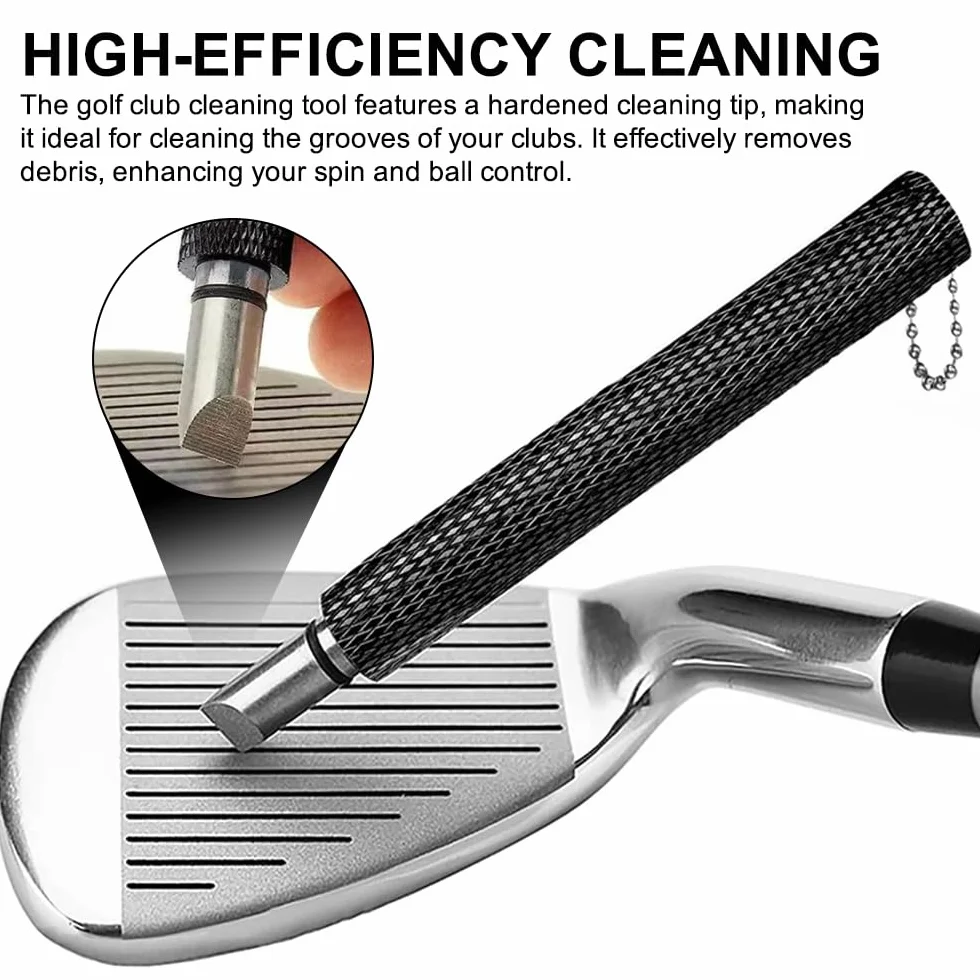 Cepillo Limpiador de Palos de Golf 3 Piezas con Mosquetón Retráctil Afilador de Ranuras 6 Cabezales Negro