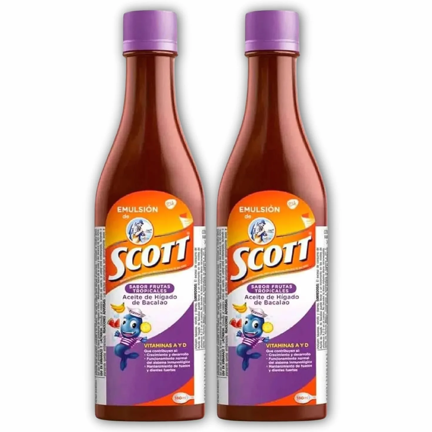 Yahve Emulsión de Scott Aceite de hígado de bacalao sabor Frutas Tropicales Pack de 2 de 180.4 ml - Suplemento dietético para niños con vitamina A y Calcio