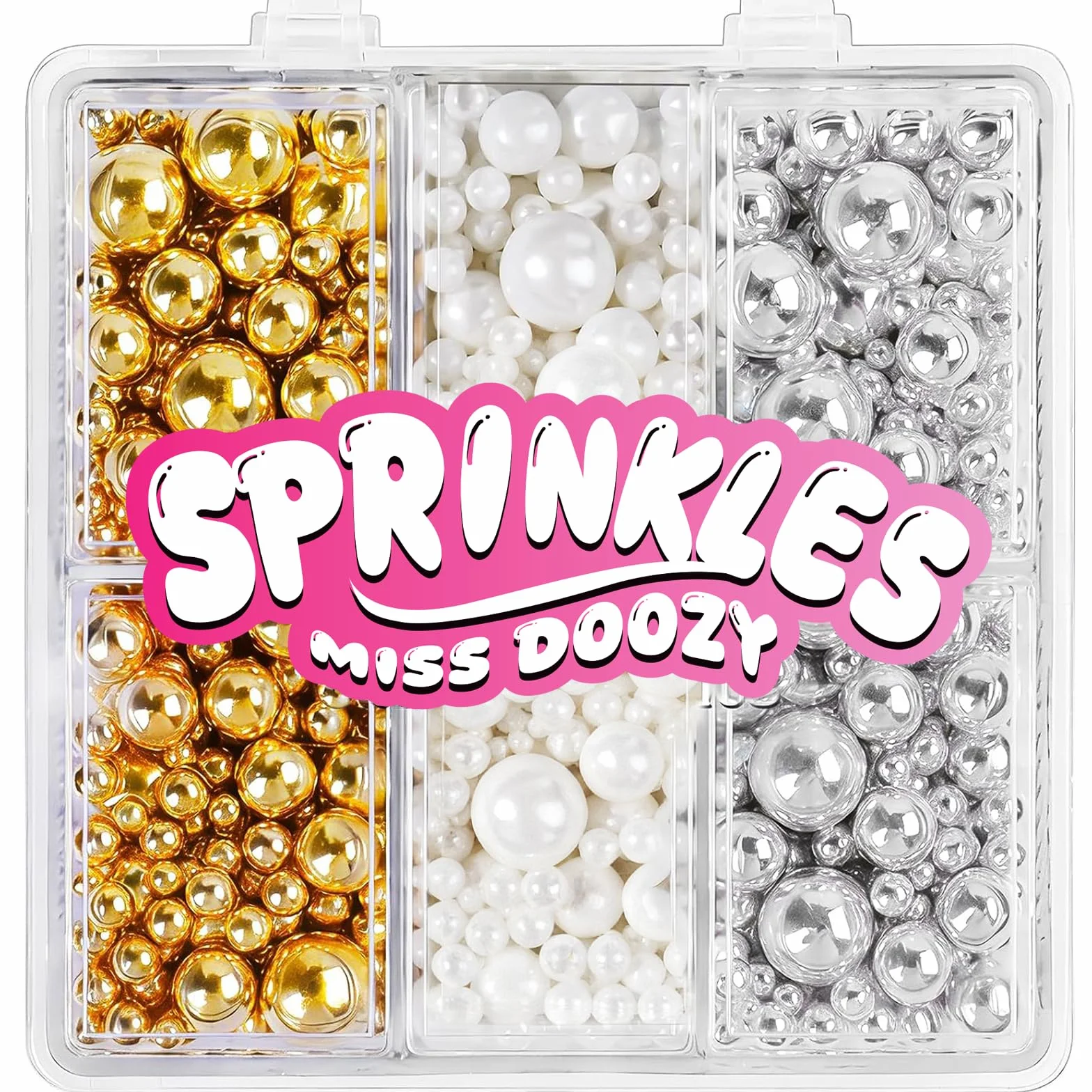 Perlas de Azúcar Blancas, Doradas & Plateadas Comestibles 130g - 4 Tamaños de Perlas para Decorar Tartas, Cupcakes y Galletas - Ideal para Bodas, Cumpleaños, Halloween, Navidad, Sprinkles