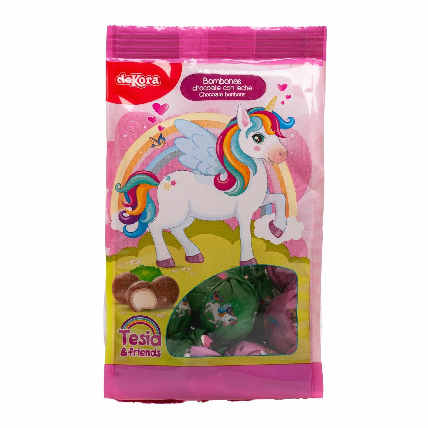 Dekora - Pack Bombones de Chocolate Rellenos de Crema de Leche y Diseño Unicornio Tesia 100g, Ideal para Fiestas Infantiles y Cumpleaños. Divertidos y deliciosos