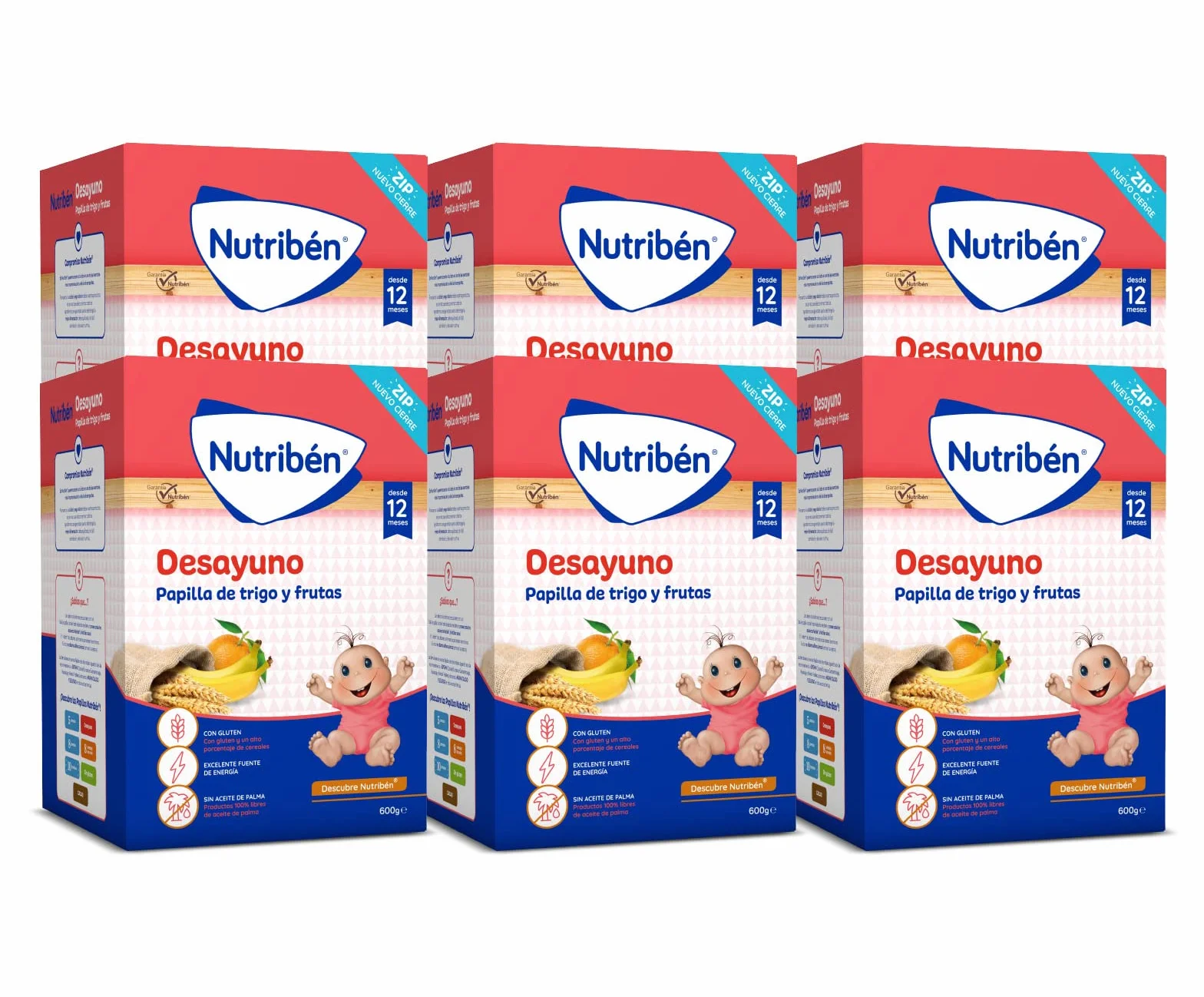 Nutribén Papilla de Copos de Trigo y Frutas para el Desayuno, 4500 g, Sin Aceite de Palma, Bebés 12 Meses, Pack 6 x 750g