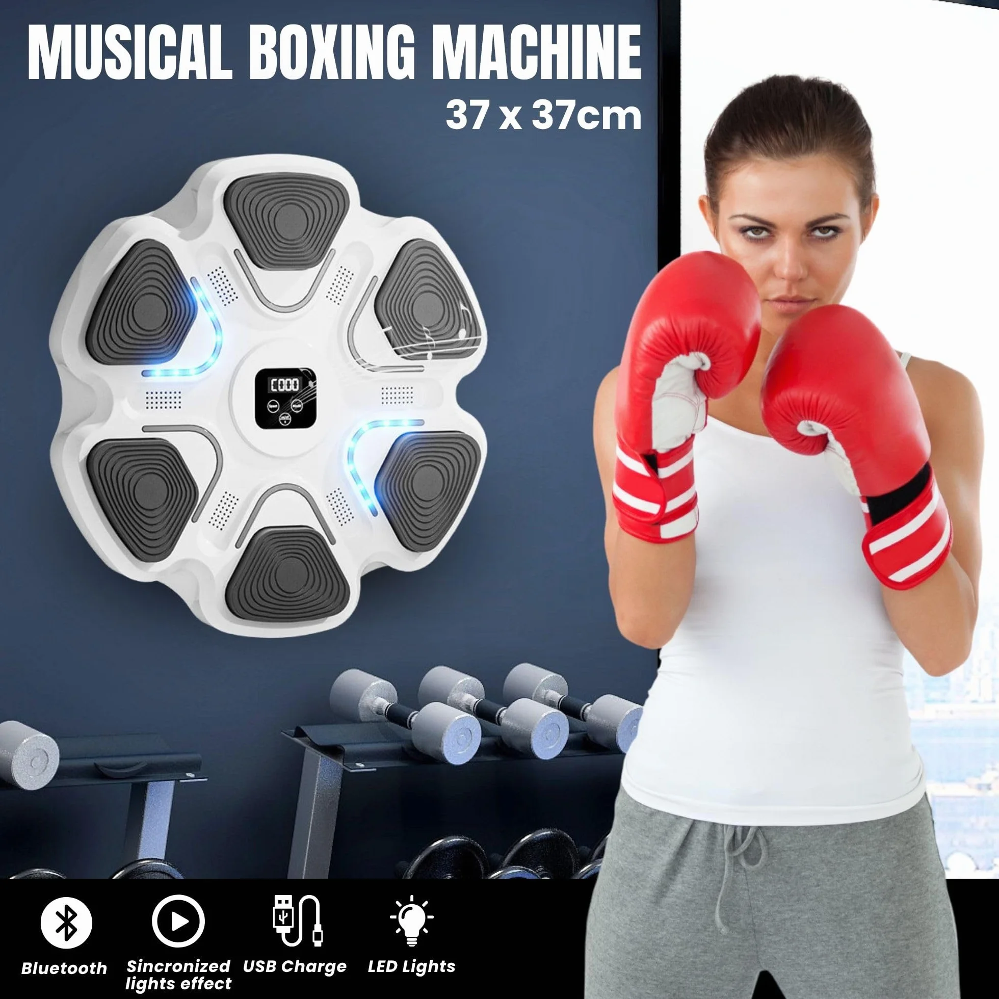 Máquina de Entrenamiento de Boxeo Musical con LED, Bluetooth, 9 Modos, 37x37 cm