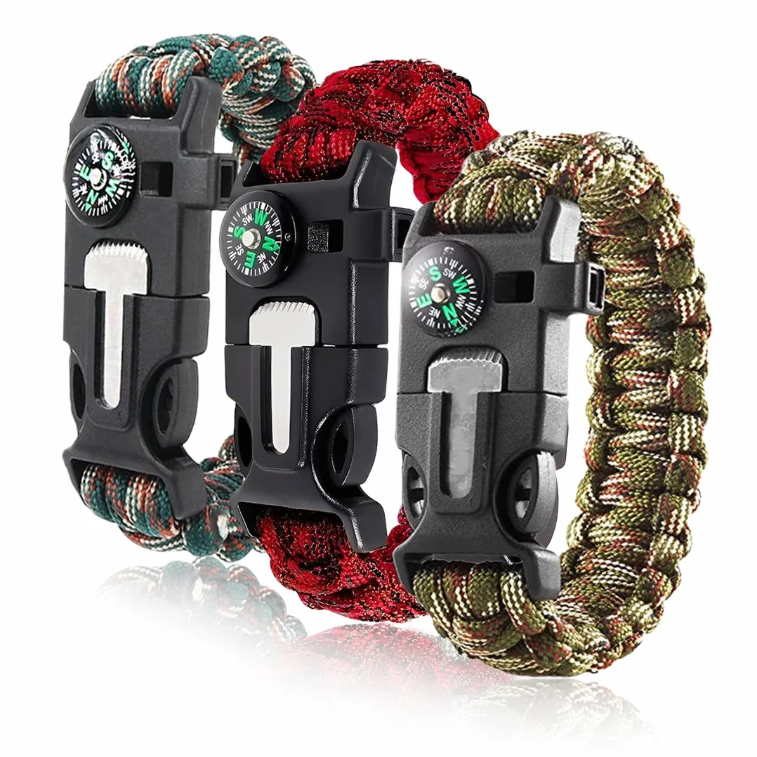 Pulsera de Supervivencia Multifuncional 3pcs con Flint Brújula Silbato para Senderismo Acampada