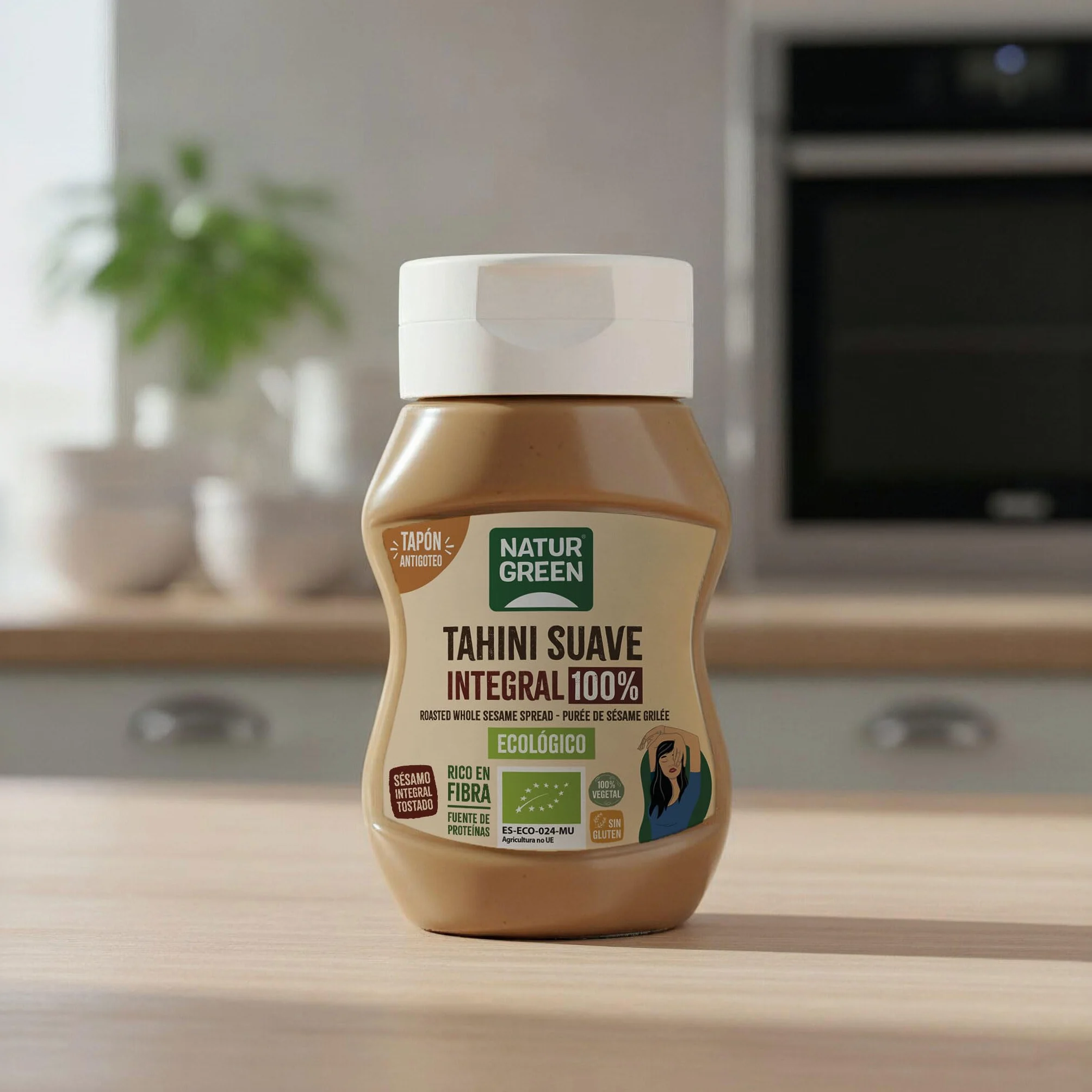 NaturGreen - Tahini Suave Integral Bio, 270 g, Tapón Antigoteo, Puré de Sésamo 100% Ecológico, Textura Cremosa, Rico en Fibra, Sin Gluten ni Azúcares, Fuente de Proteínas, Recetas Saludables