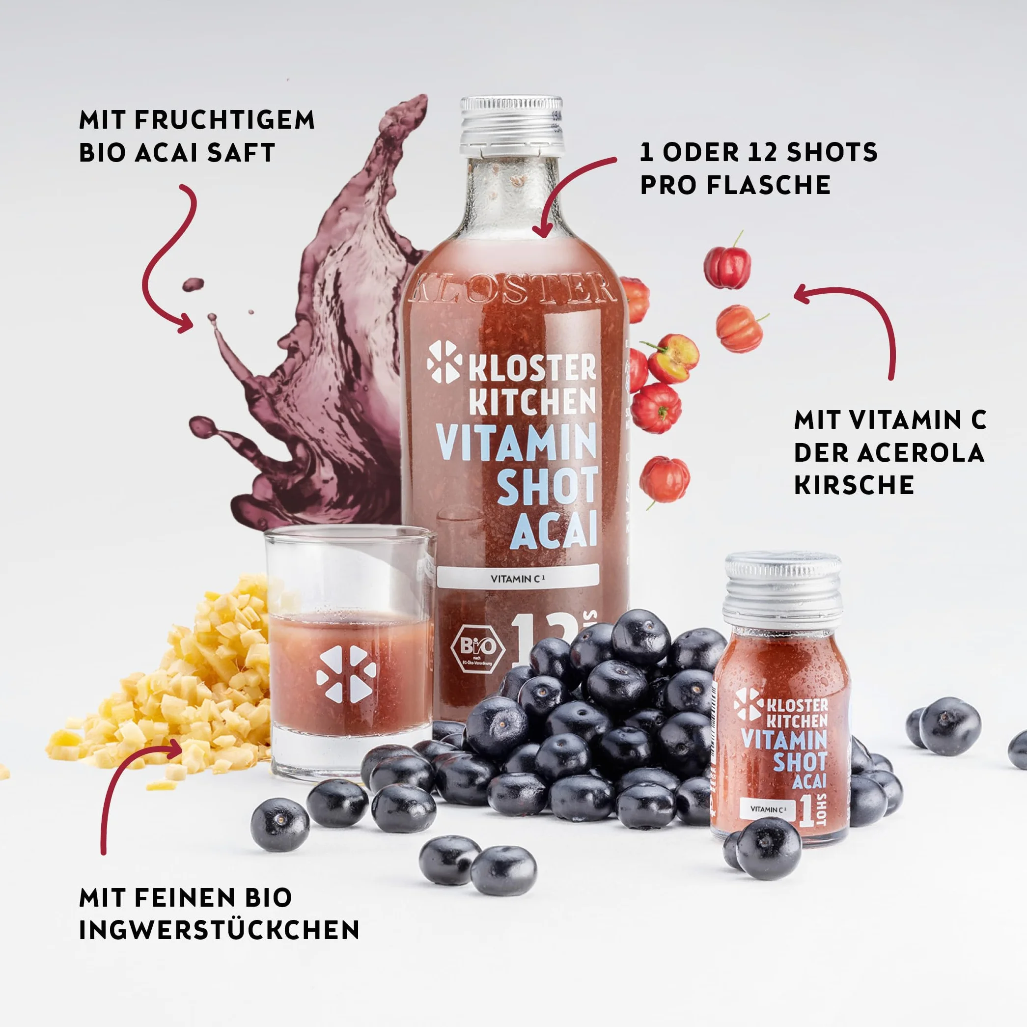Kloster Kitchen Organic Vitamin Shot Acai Ginger 6x 360 ml botella de cristal vegana sin aditivos
