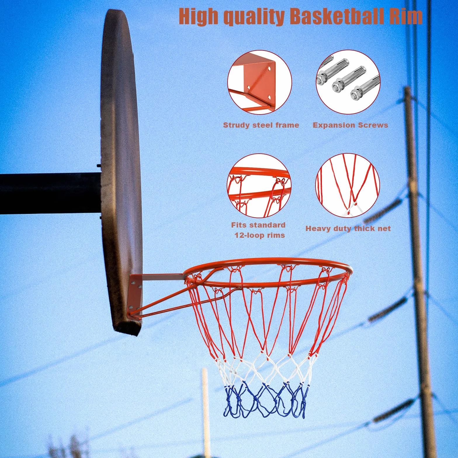 KOMFOTTEU Cesta de baloncesto de pared con malla de nailon y marco de metal, diámetro de 45 cm, para deportes de interior y exterior
