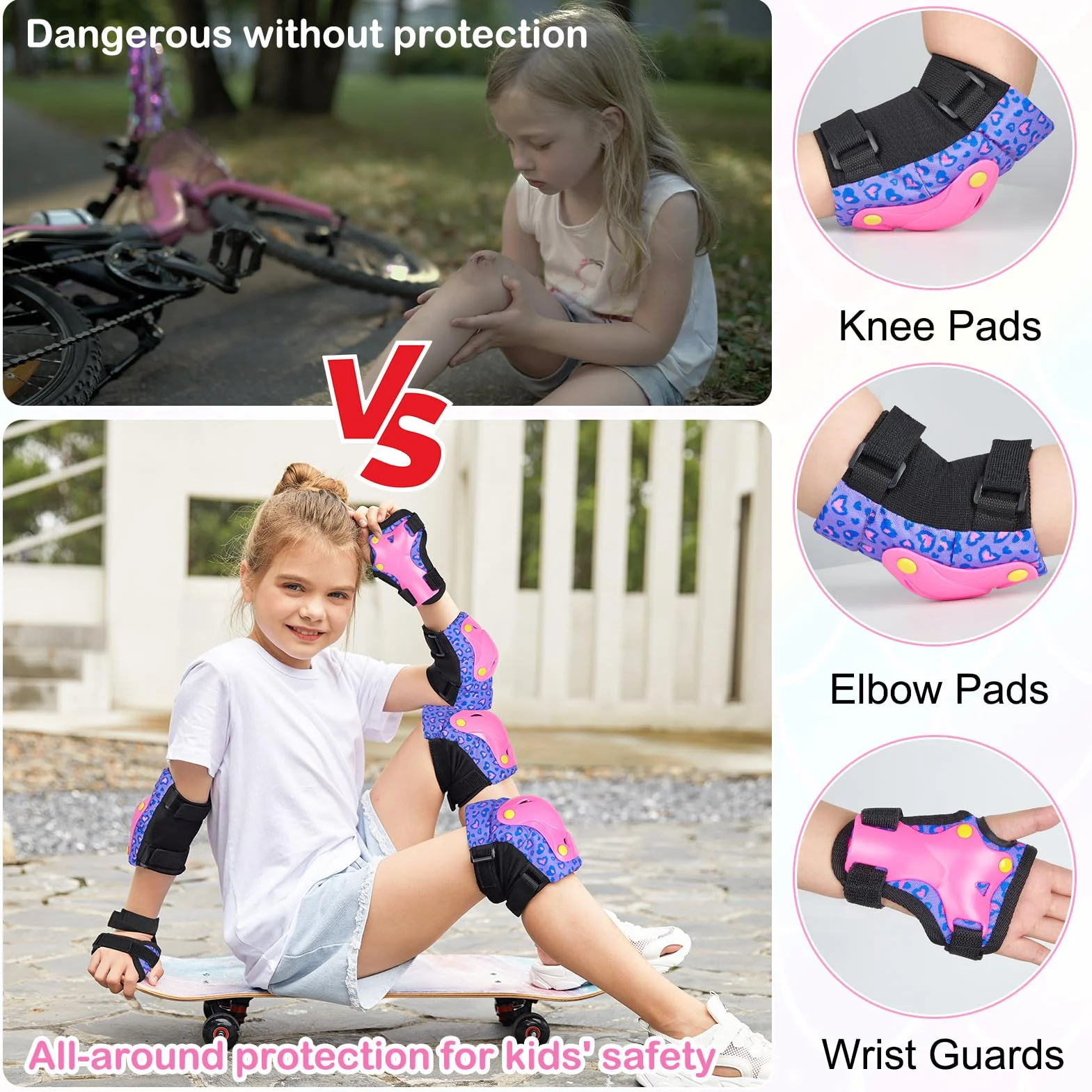 Unicorn Castle Rodilleras y Coderas de Unicornio para niños y niñas Juego de Equipo de protección Ajustable 6 en 1 con Bolsa de cordón 3-8 años