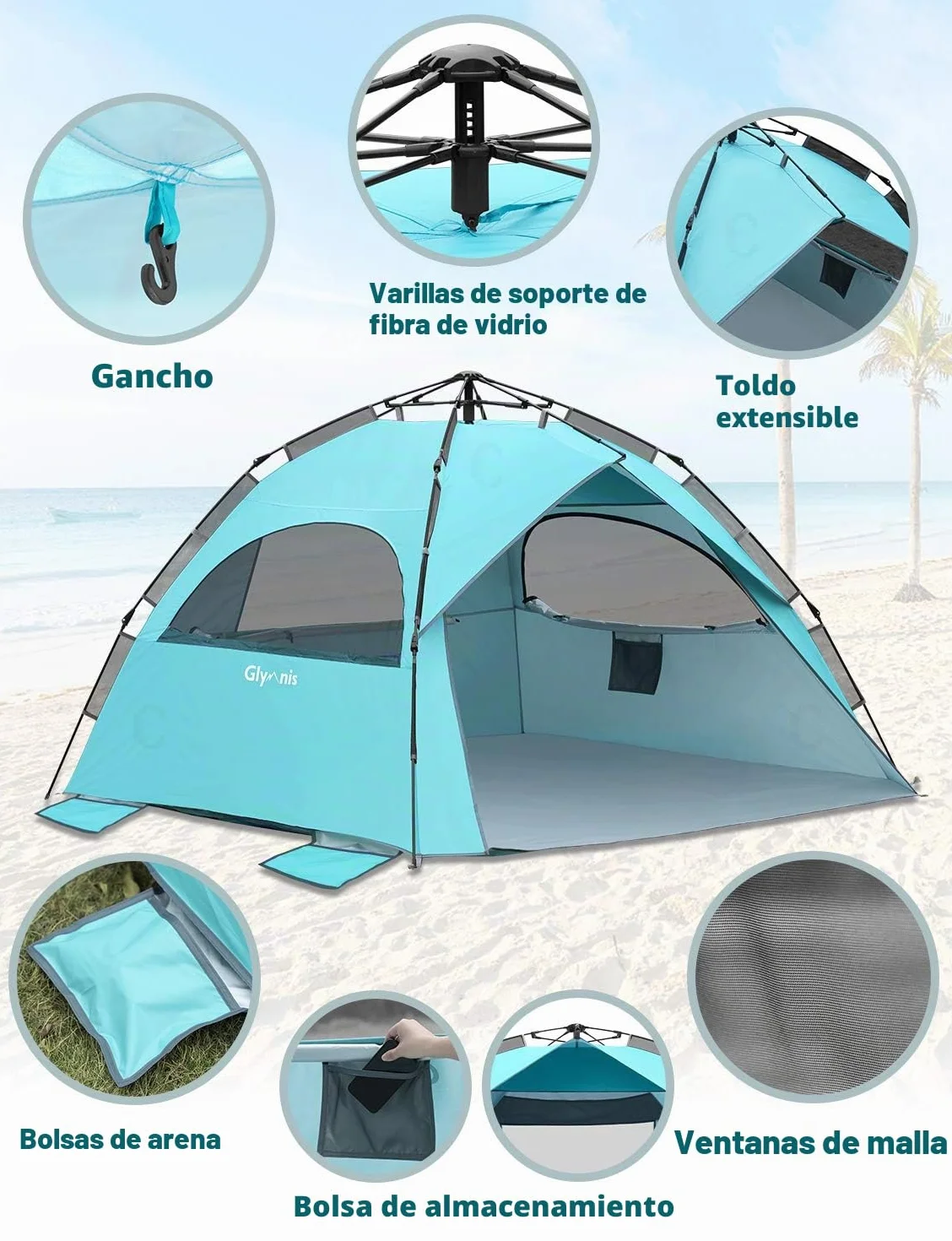Glymnis Carpa Hidráulica Automática Playa 4-6 Personas Protección Solar UPF 50+