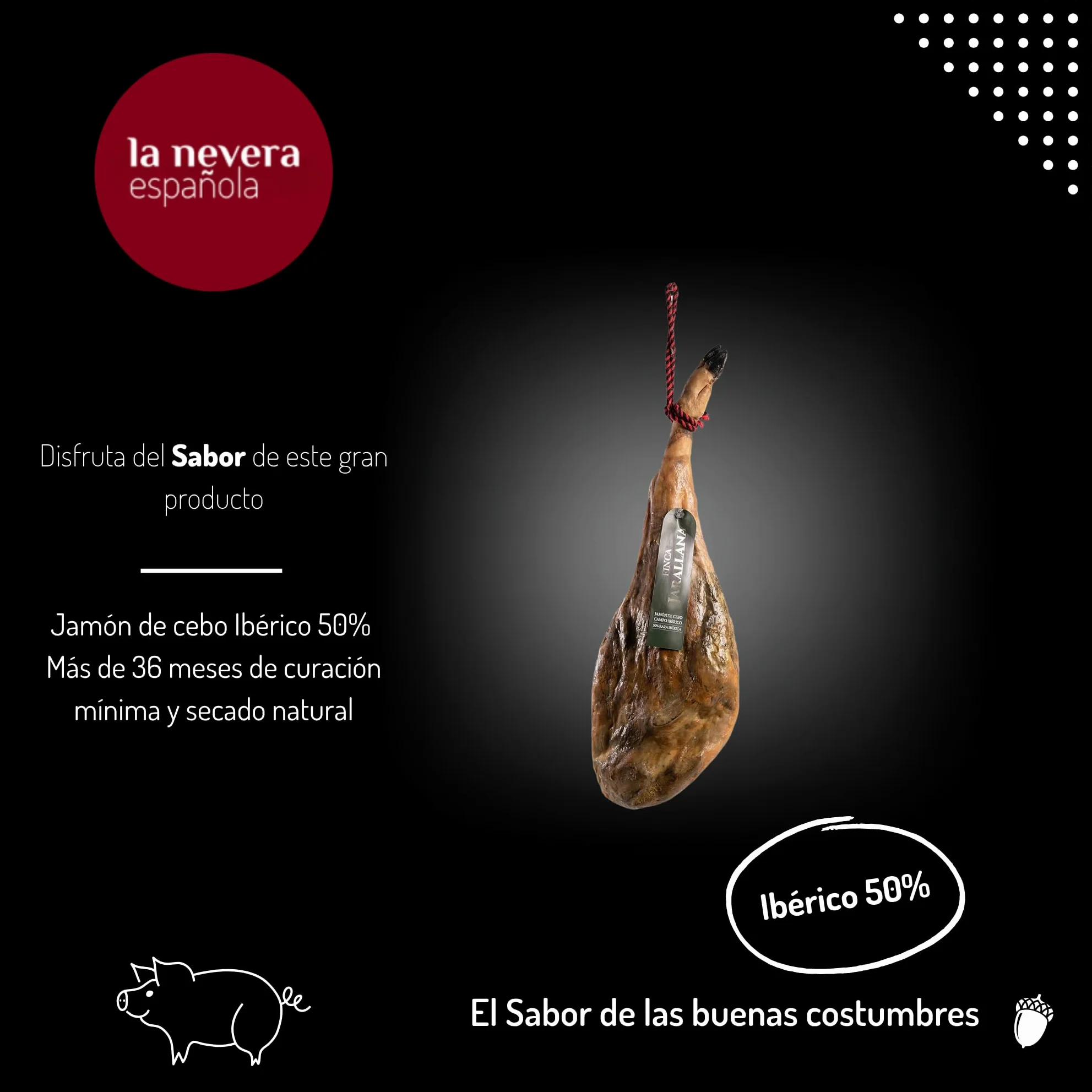 Finca Jarallana - Jamón de Cebo Campo 50% Ibérico - Pieza de 9 kg con Secado Natural y Curación +36 meses - Cerdos de Raza Ibérica