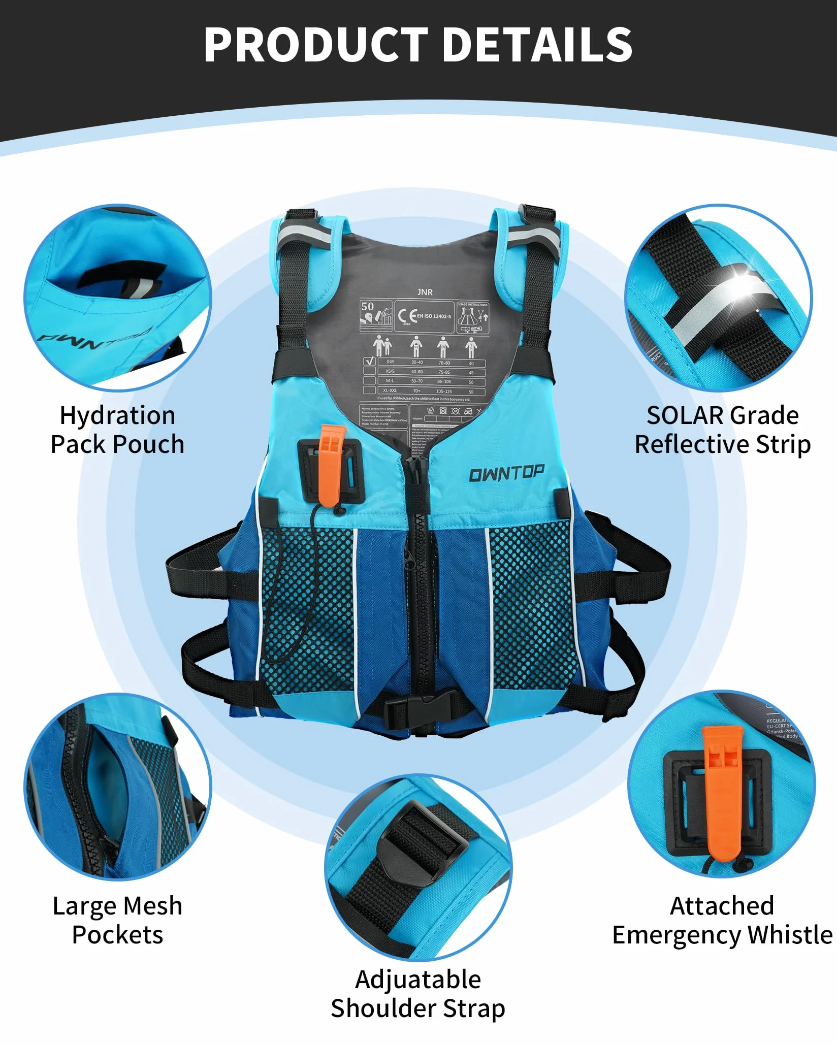 Owntop Chaleco de Ayuda a la Flotabilidad para Adultos y Adolescentes con Mochila de Hidratación, Silbato y Bolsillos