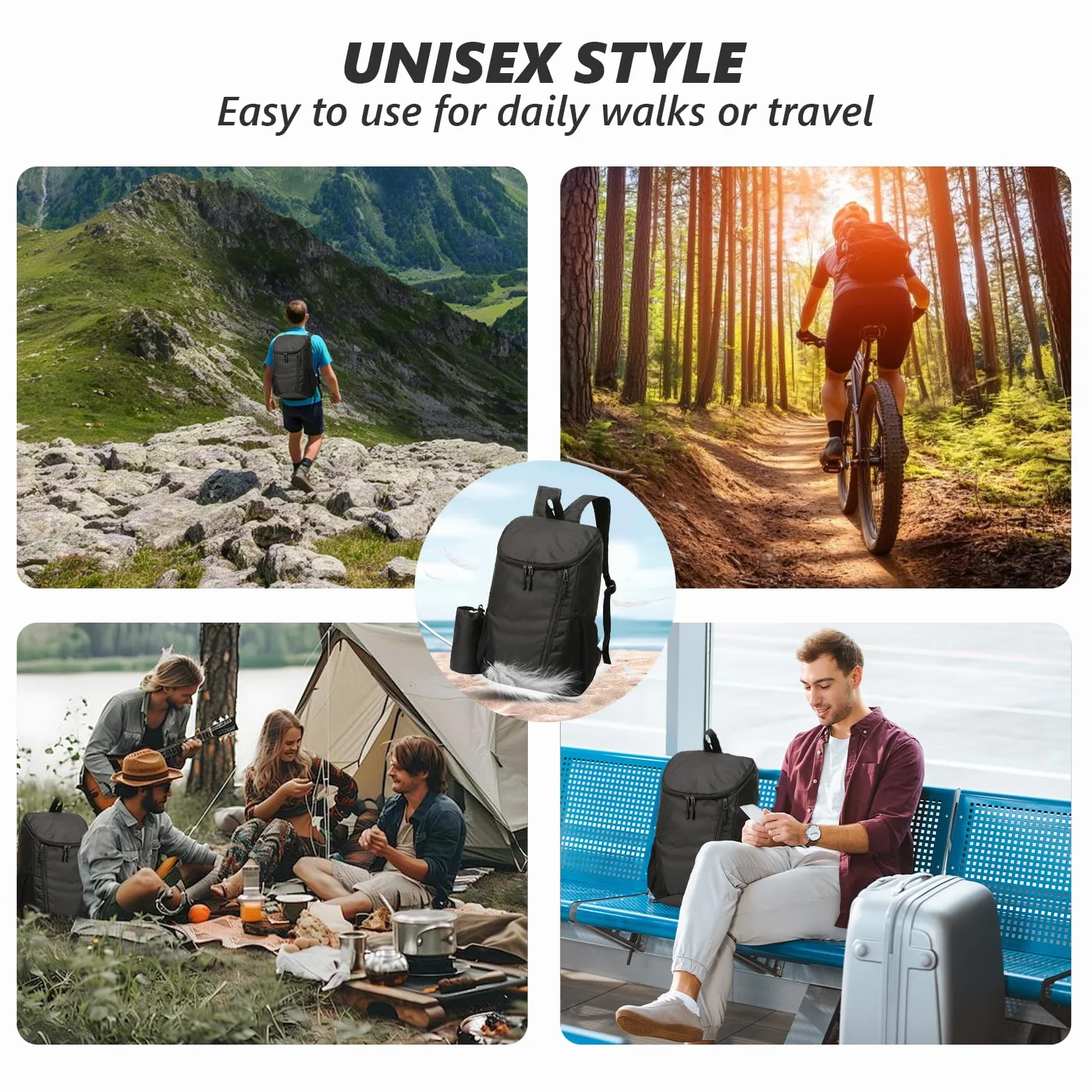 flintronic Mochila Plegable Ultraligera de Senderismo Impermeable, Trekking Viaje Campamento Negro
