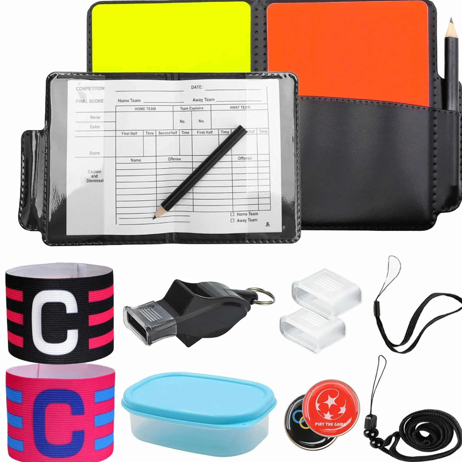 Kit de Tarjetas Árbitro Fútbol Rojas y Amarillas con Silbato Profesional, Papel, Lápiz, Brazalete de Capitán