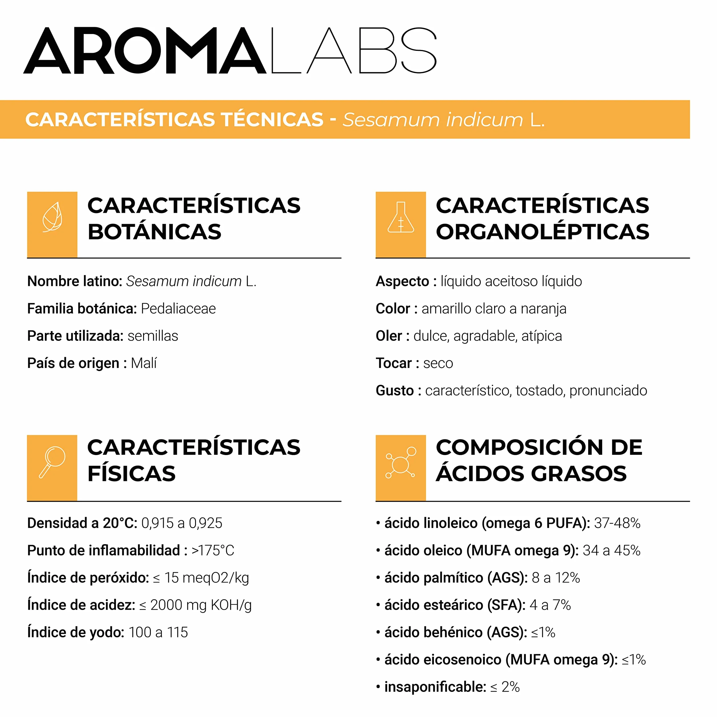 Aceite de Sésamo BIO (Sesamum indicum) - 250 mL - Aceite Vegetal Virgen Certificado AB - Aroma Labs