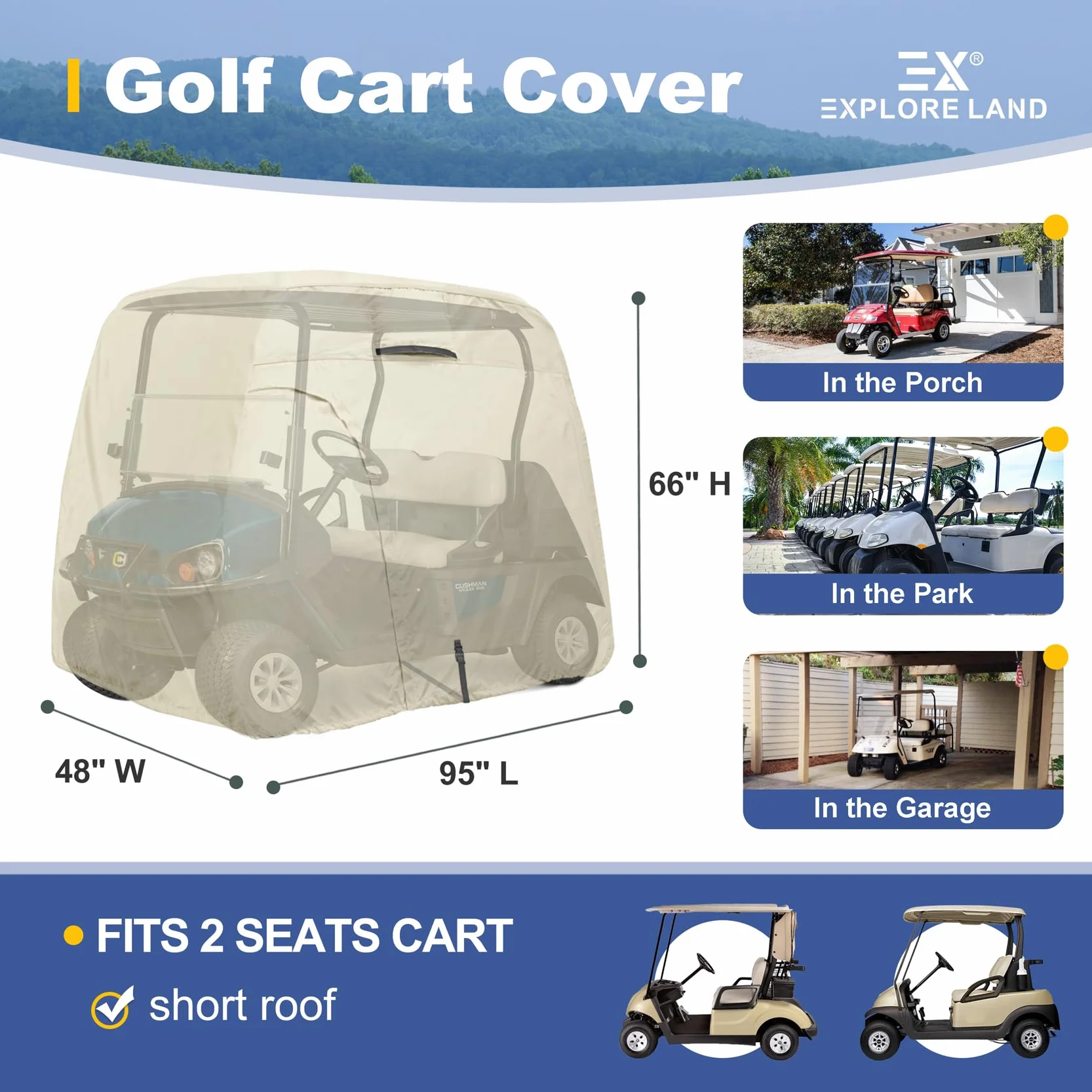 Funda impermeable 600D para carrito de golf 2 pasajeros bronceado claro