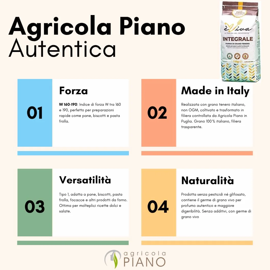 Agricola Piano - Autentica | Harina de Trigo Integral kg 1-100% Italiana – Ideal para Pan, Galletas y Masa Quebrada - Integral Verdadera – Profesional - Sin Aditivos - èViva
