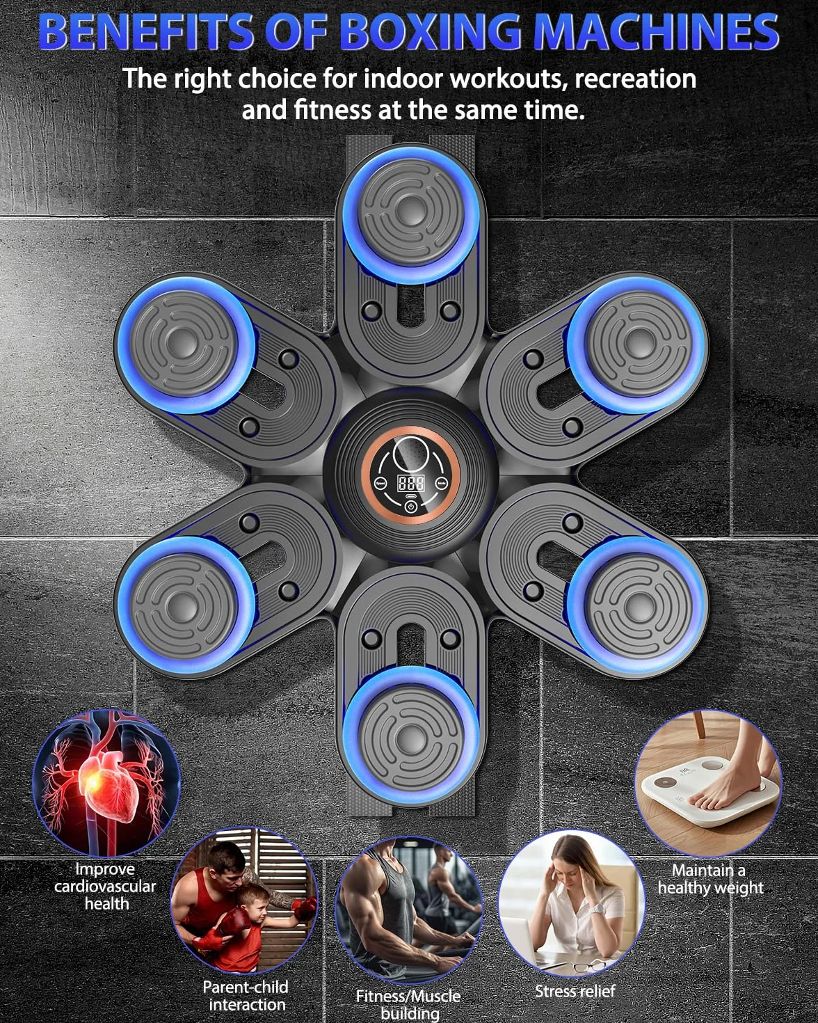 Holilo Máquina de Boxeo Musical, Maquina Boxeo Musical Pared con LED y Bluetooth, 9 Modos de Velocidad y Entrenamiento, Contador de Golpes, Guantes para Adultos y Niños