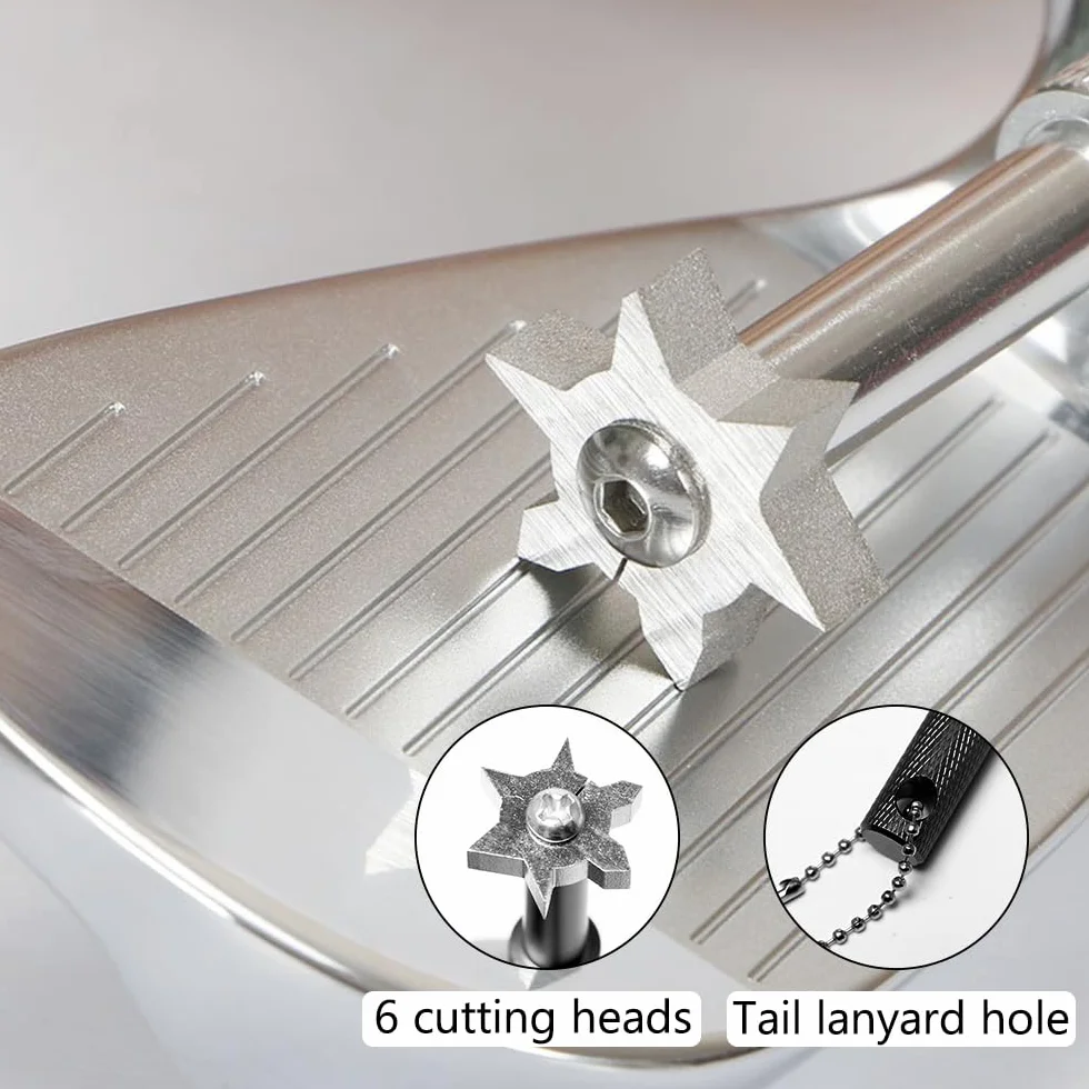 Cepillo Limpiador de Palos de Golf 3 Piezas con Mosquetón Retráctil Afilador de Ranuras 6 Cabezales Negro