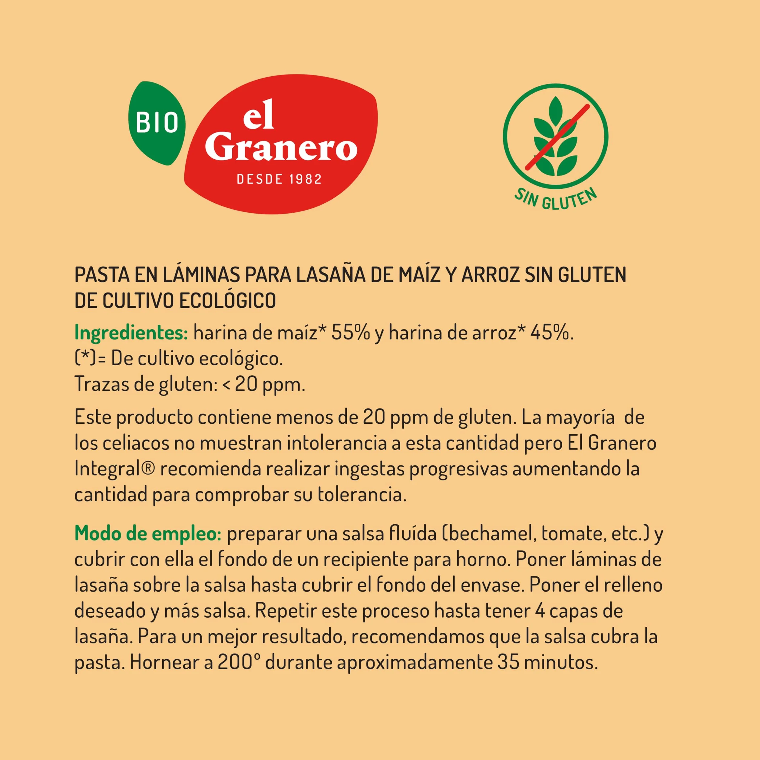 El Granero Integral - Láminas para Lasaña Sin Gluten BIO - 250 g - Alto Contenido en Proteínas, Vitaminas, Minerales y Fibra - Aptas para Veganos y Celíacos