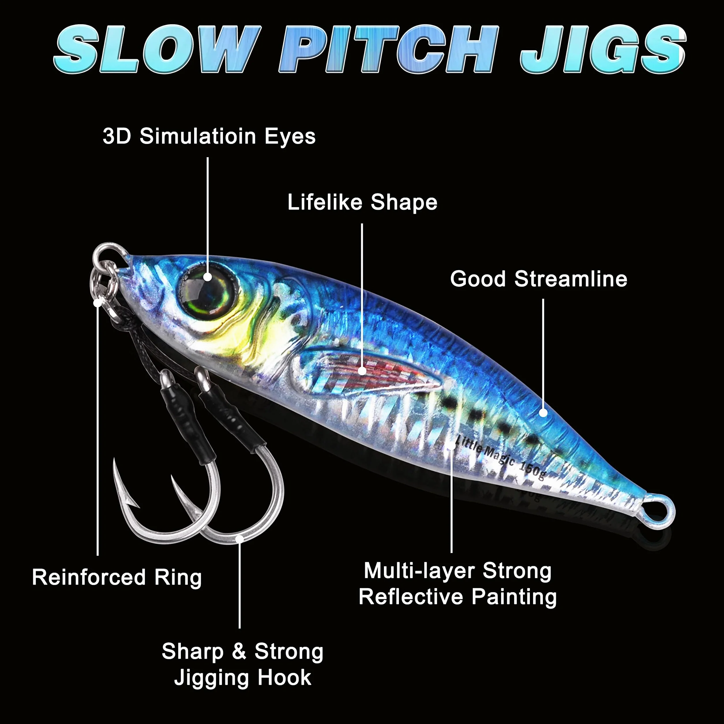 Slow Pitch Jigs Vertical Metal Jigs con Ganchos de Asistencia Mariposa Impresión 3D Océano Profundo Pesca para Atún Kingfish Bluefin