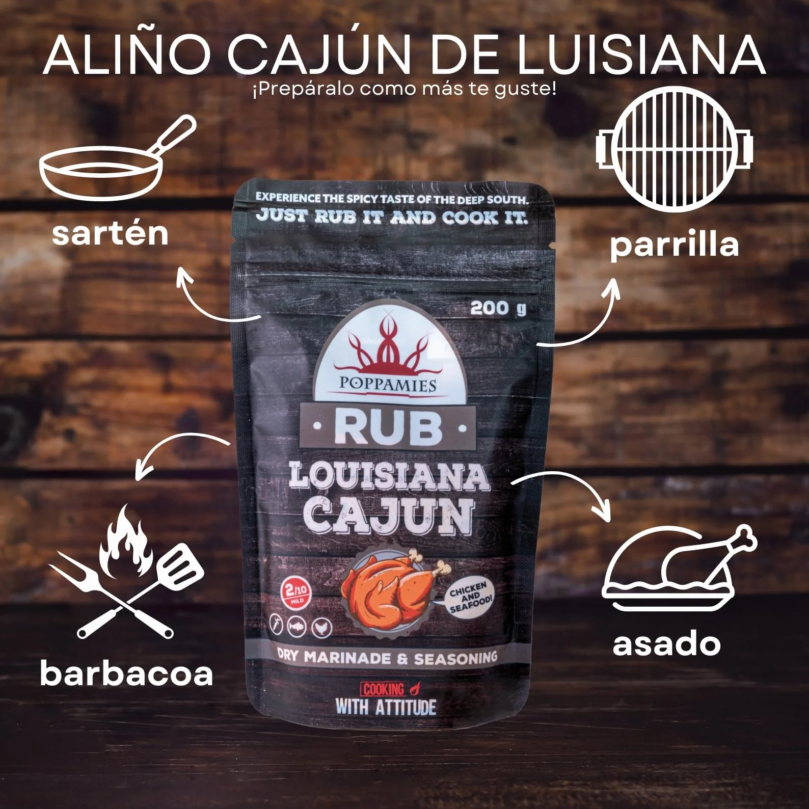 Poppamies Louisiana Sazonador Cajun - Adobo Seco y Condimento perfecto para Pescado, Verduras - Pollo, Ideal para parrilla - Paquete Grande (200 g)
