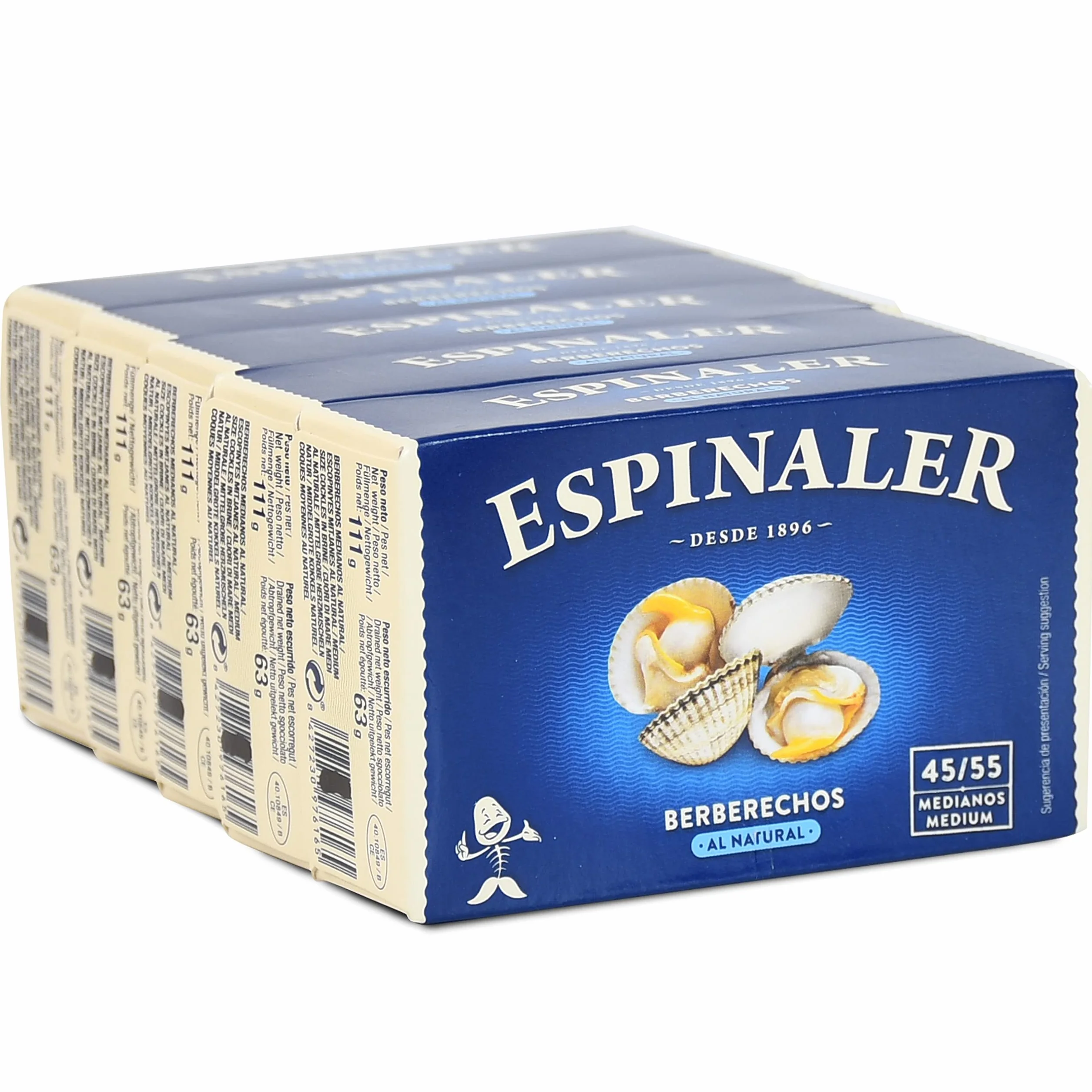 Berberechos al natural Espinaler - Pack de 5 latas de 45-55 - Conservas Gourmet de berberecho - Berberechos en conserva de tamaño mediano para tu aperitivo