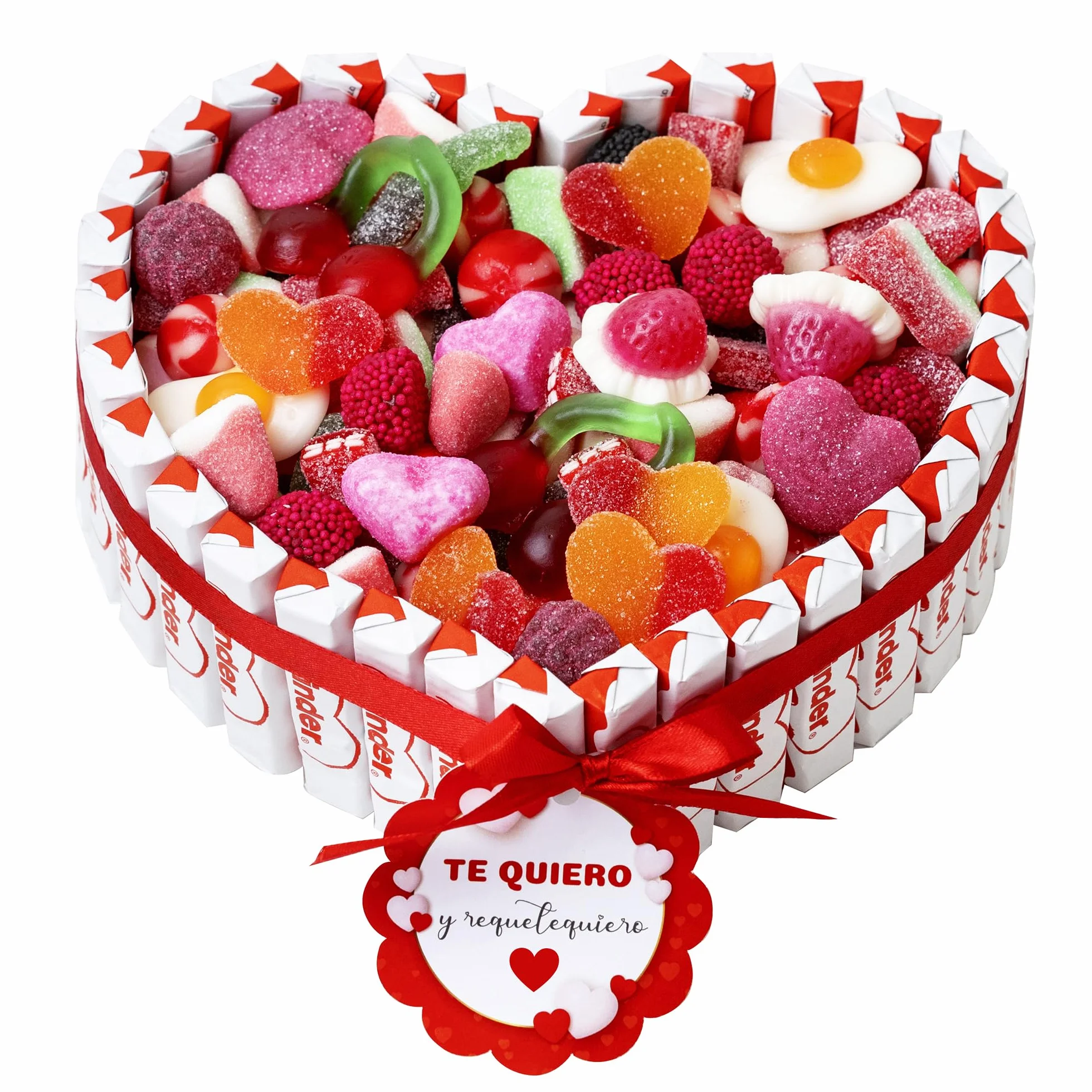 Onza Regalo dia de la madre original - Cesta de Chocolates Kinder y Chucherías para Regalar - Corazón Chocolatinas Kinder - Gran Surtido Chuches y Gominolas