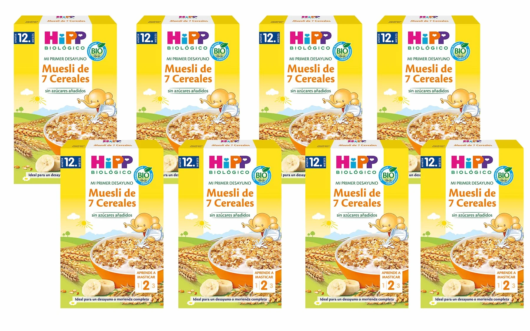 HiPP Biológico – Muesli 7 Cereales BIO para Bebés – Pack de 8 - Cereales Integrales, Sin Azúcares Añadidos y Sin Leche – Desde 12 Meses – Mi Primer Desayuno – 8x200 g