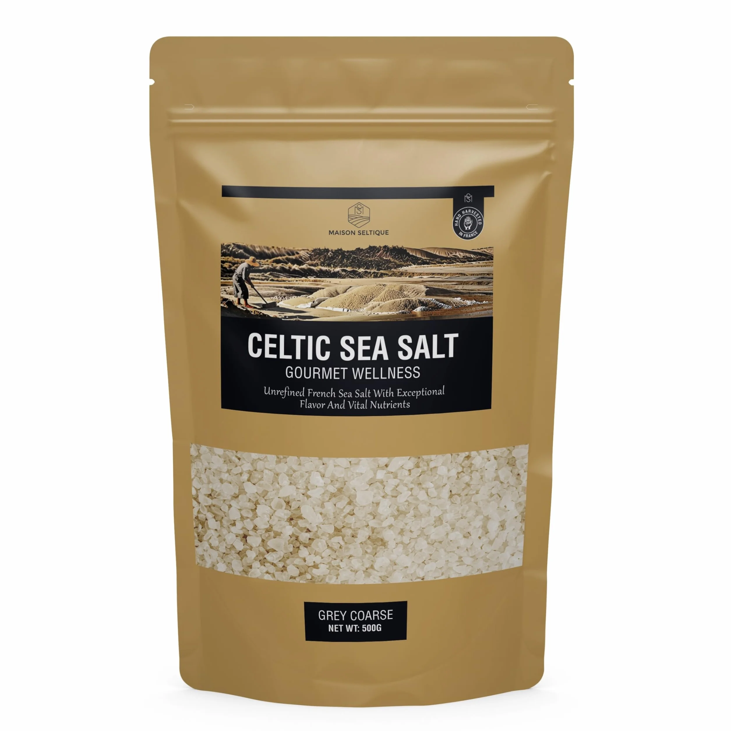 Maison Seltique Celtic Sea Salt, 100% Natural, Sal Celta Cosechada a mano, Artesanal - Pura y Sin Refinar | Sal Marina sin aditivos| Bolsa Resellable | Ideal para Cocina Gourmet y Saludable (500gr)