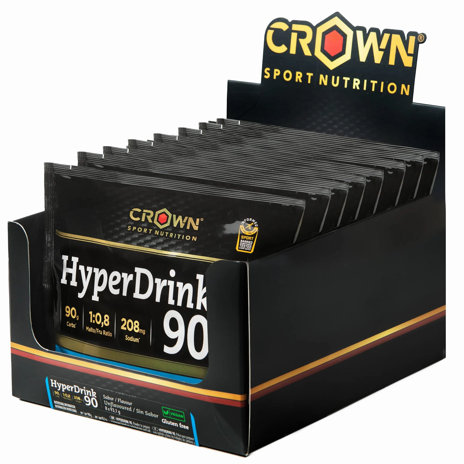 Crown Sport Nutrition HyperDrink 90, Bebida con 90 gramos de carbohidratos en 500 ml y un plus de sodio. Con Maltodextrina y Fructosa en ratio 1:0,8 y sal marina (Caja (8 x 93,1g))