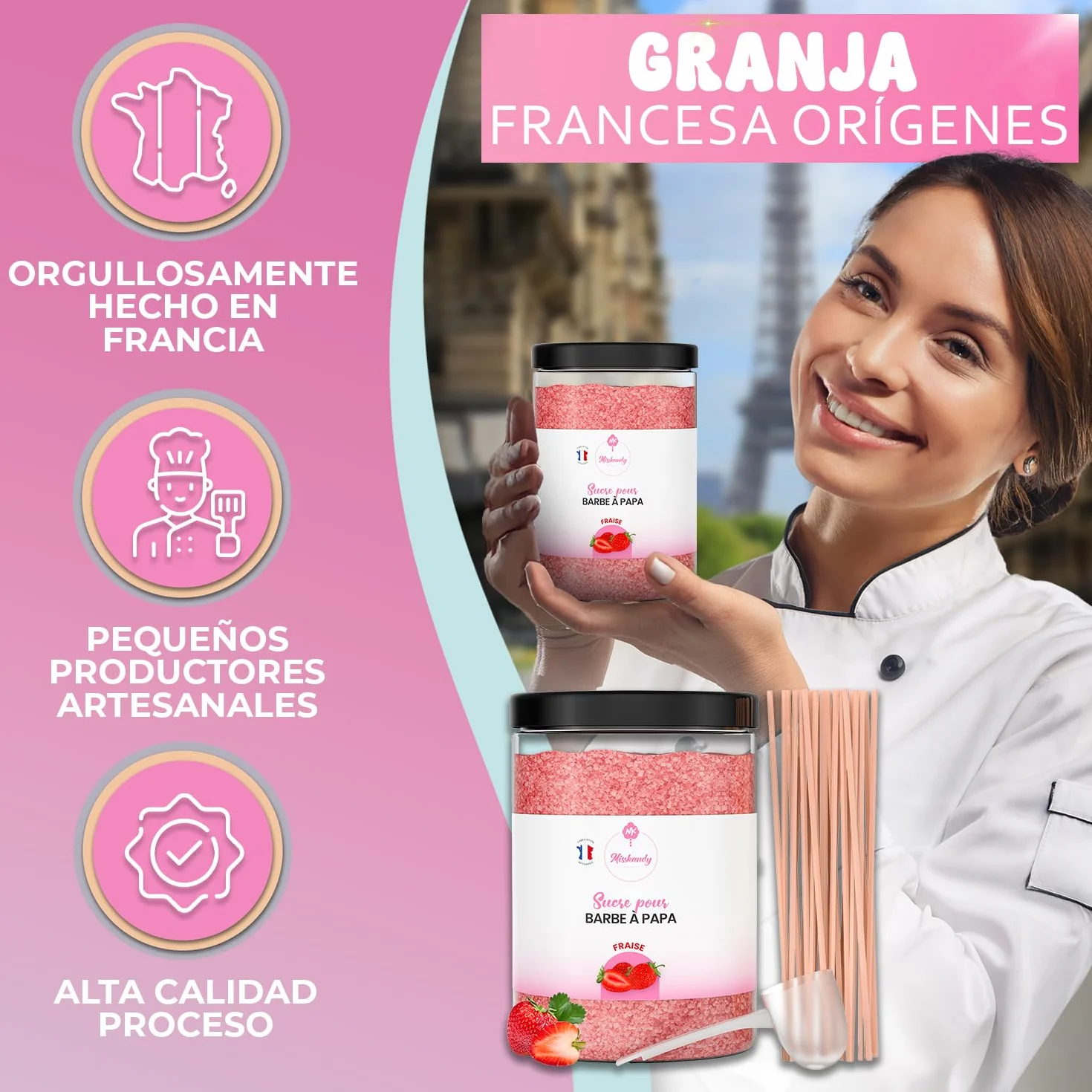 Misskandy-Azúcar para Algodón de Azúcar, Fresa 1,4 kg (Sabores y Colorantes Naturales) +50palitos