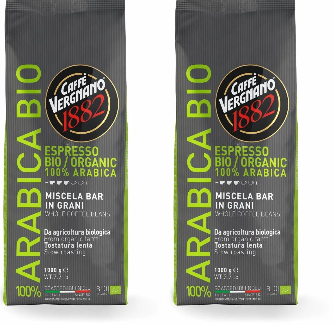 Caffé Vergnano 1882 Café en Granos 100% Arábica Bio - 1 pack x 1 kg (Paquete de 2)