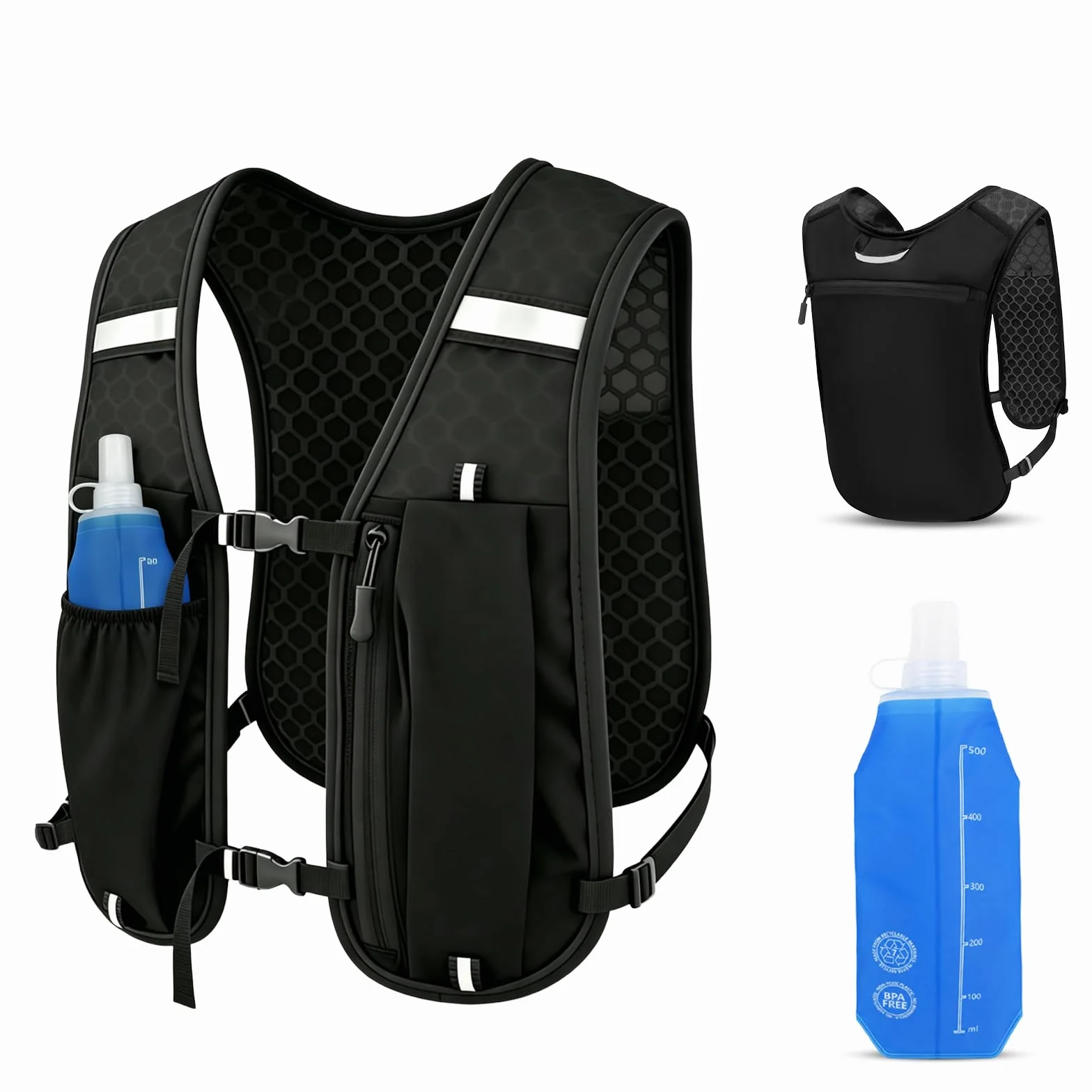 Chaleco Hidratación Trail Running con Soft Flask 500ml, Mochila Ligera Transpirable Reflectante para Hombre Mujer Maratón