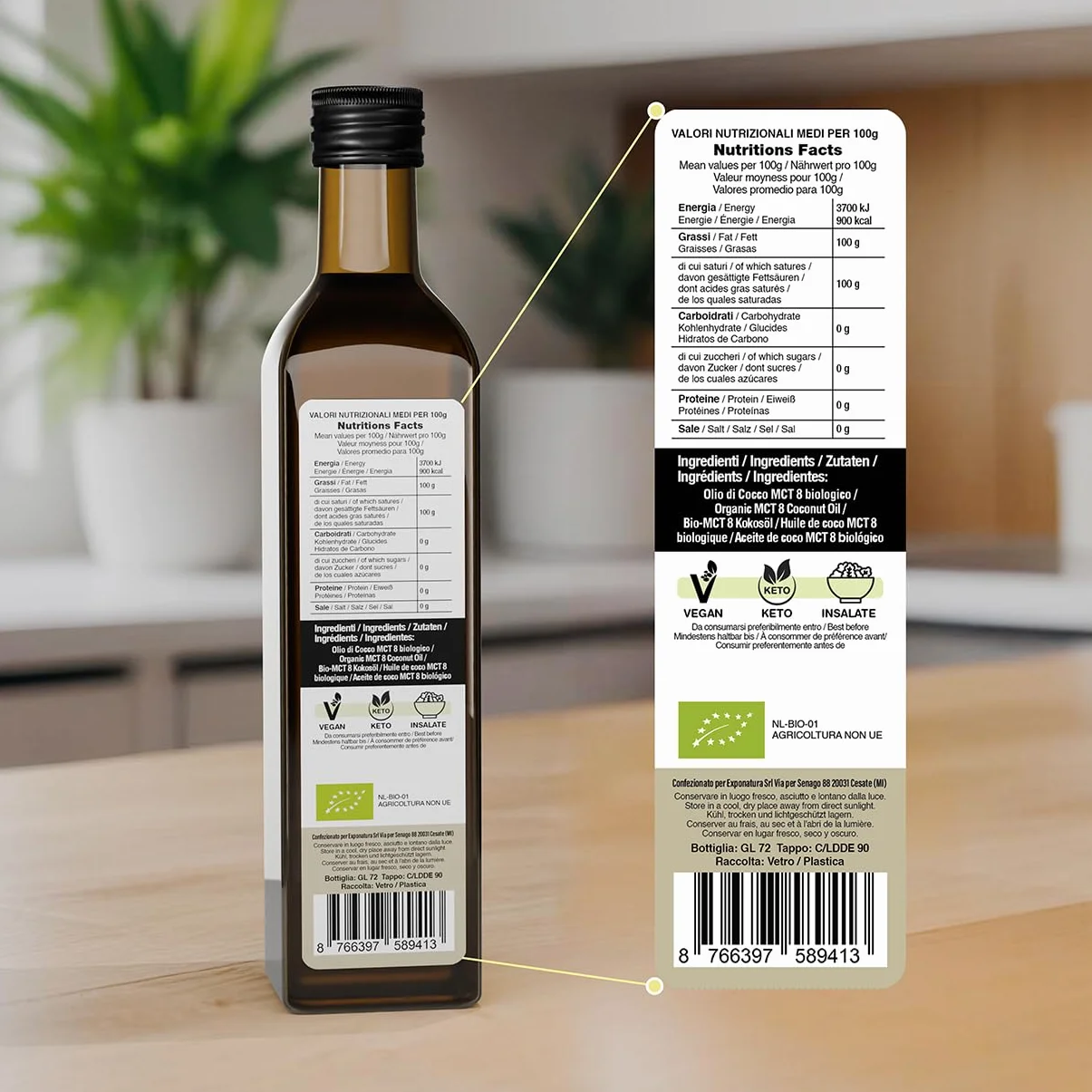 Exponatura Aceite MCT C8 Orgánico 500 ml - 100% Extracto de Aceite de Coco, Ácido Caprílico Puro - Energía Natural para Dieta Keto y Paleo - Vegano