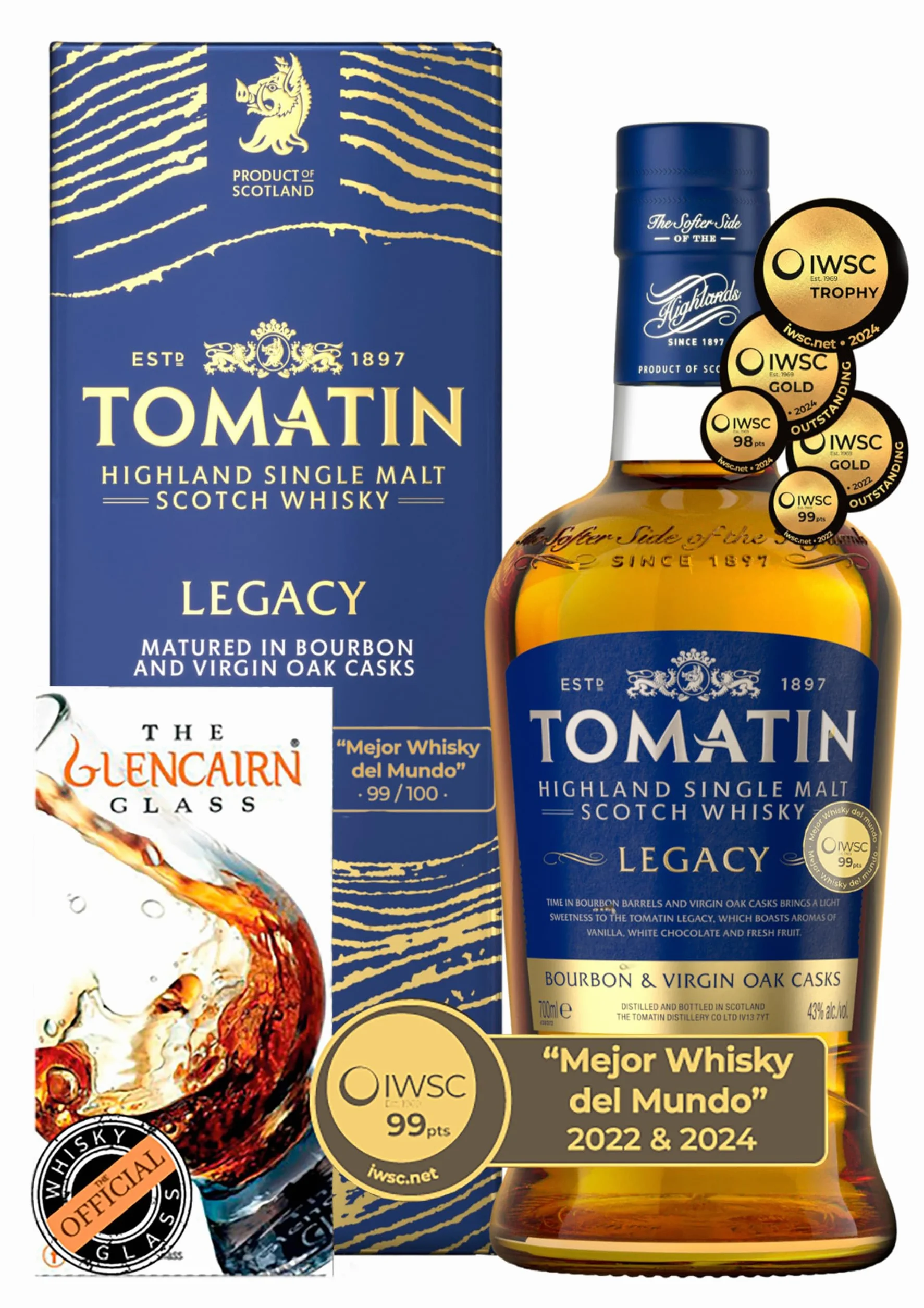 TOMATIN SINGLE MALT WHISKY "LEGACY" + COPA OFICIAL DE WHISKY GLENCAIRN