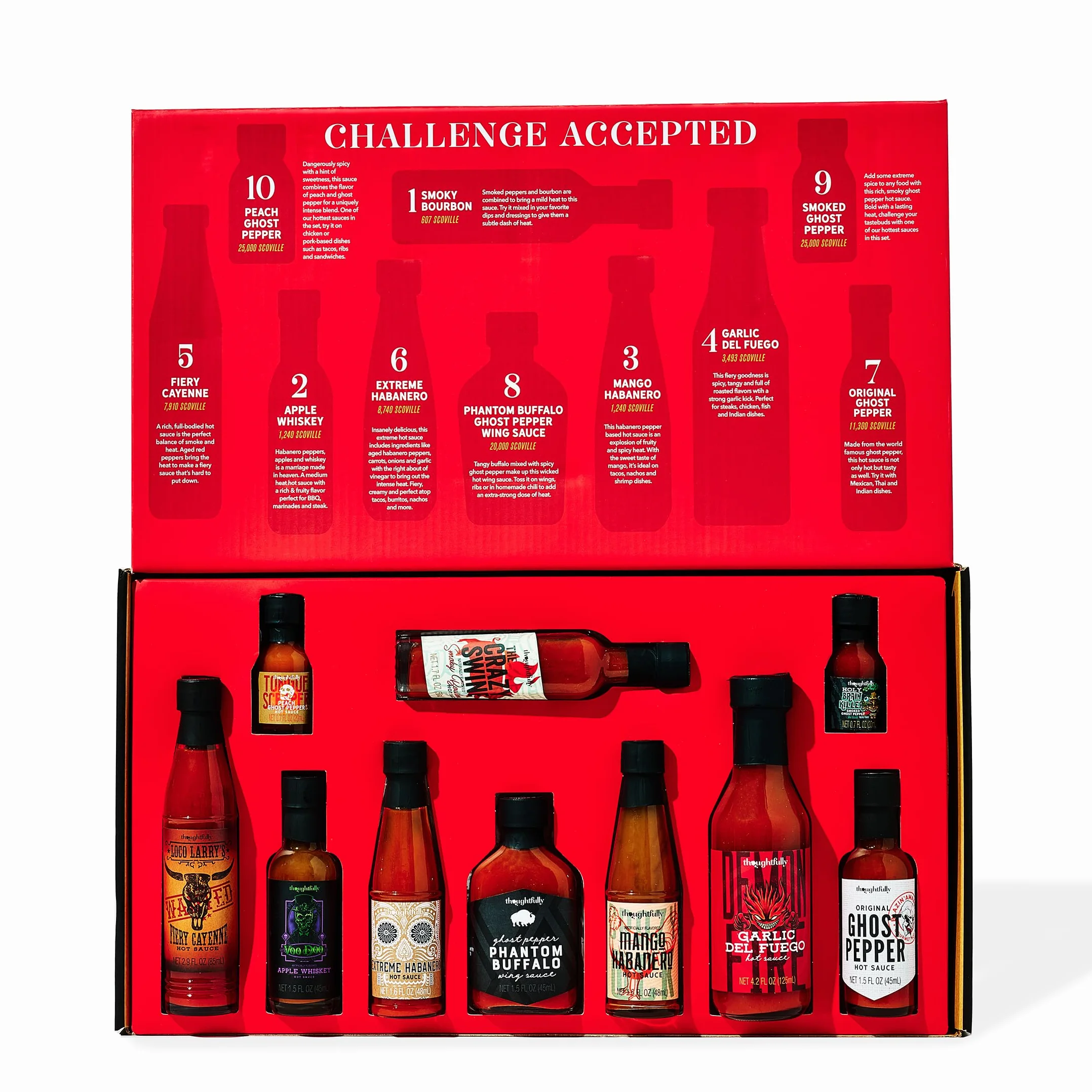 Thoughtfully – Hot Sauce Challenge Set – 10 Salsas Picantes de Suave a Extremadamente Picante – Regalo Original para Hombre, Marido & Padre – Cumpleaños & Día del Padre