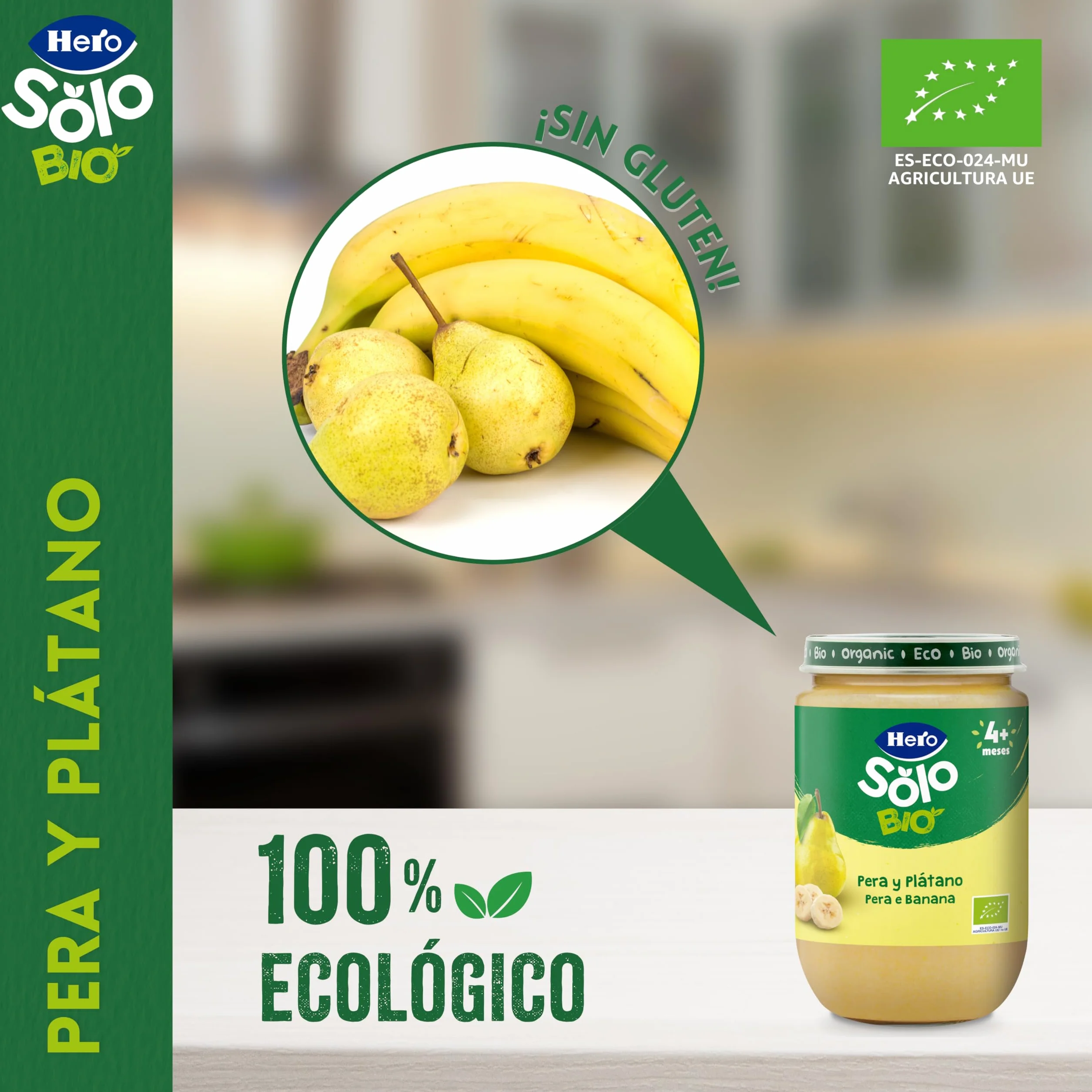 Hero Solo Bio Tarritos de Pera y Plátano 100% Ecológico para Bebés 4 Meses Pack 12 x 190 g