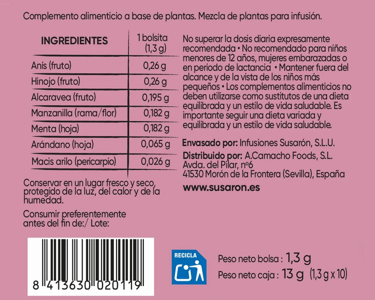 Susarón | Infusión Elimina Gases | Alcaravea e Hinojo | Sabor Anís | 20 bolsitas