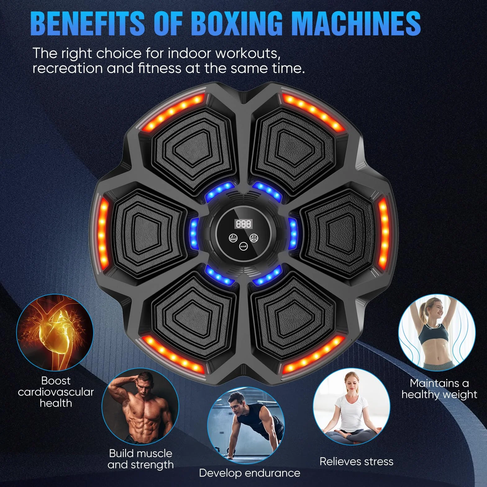 Máquina de boxeo musical Smart LED Bluetooth con guantes y diana de pared 9 modos de velocidad