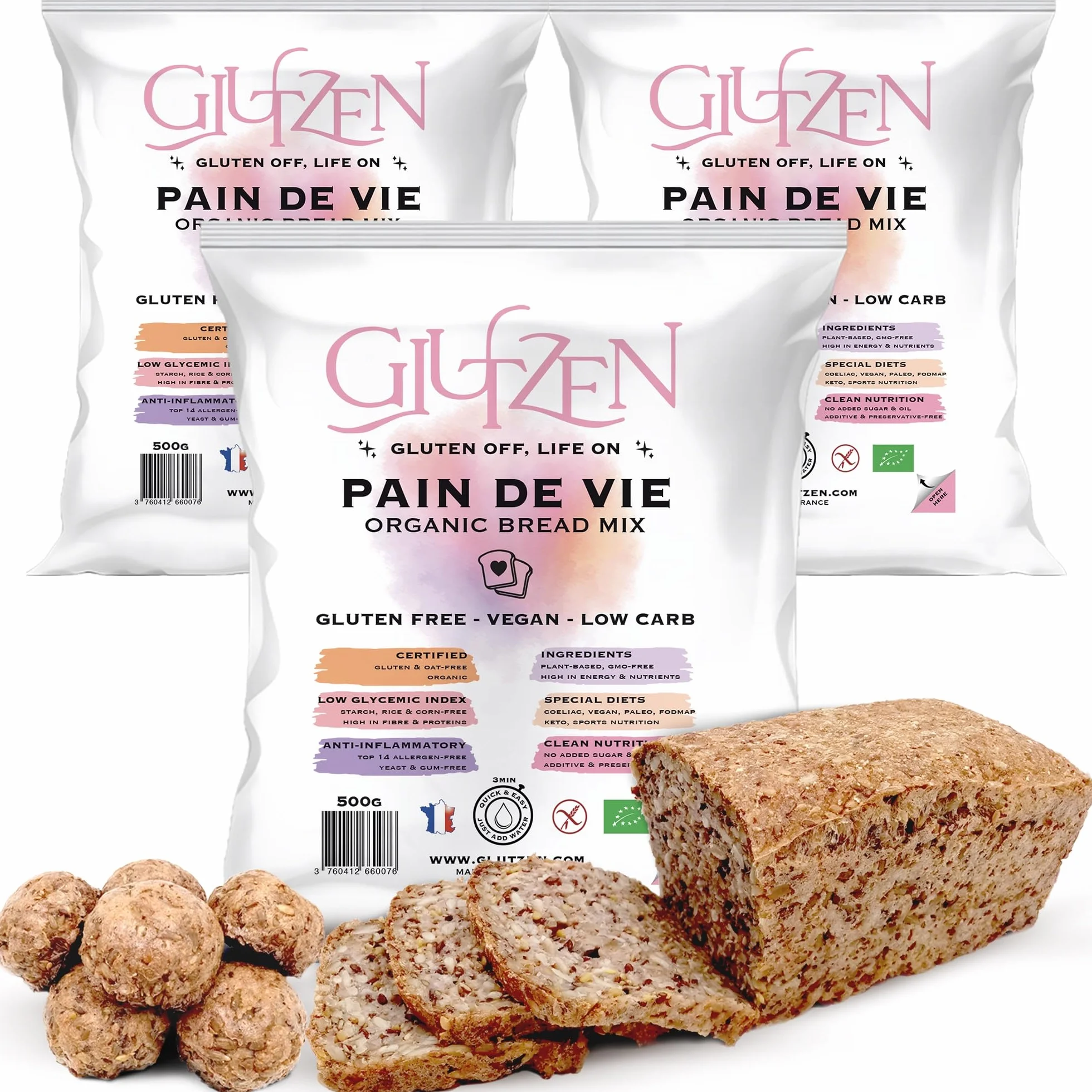 Mezcla Pan Keto Sin Gluten Bio GLUTZEN. Pan Low Carb con Semillas, Alto en Fibra. Sin Harina, Sin Azúcar Añadido. Fácil, Sin Amasar. Celíaco, Vegano, Sin Alérgenos, FODMAP